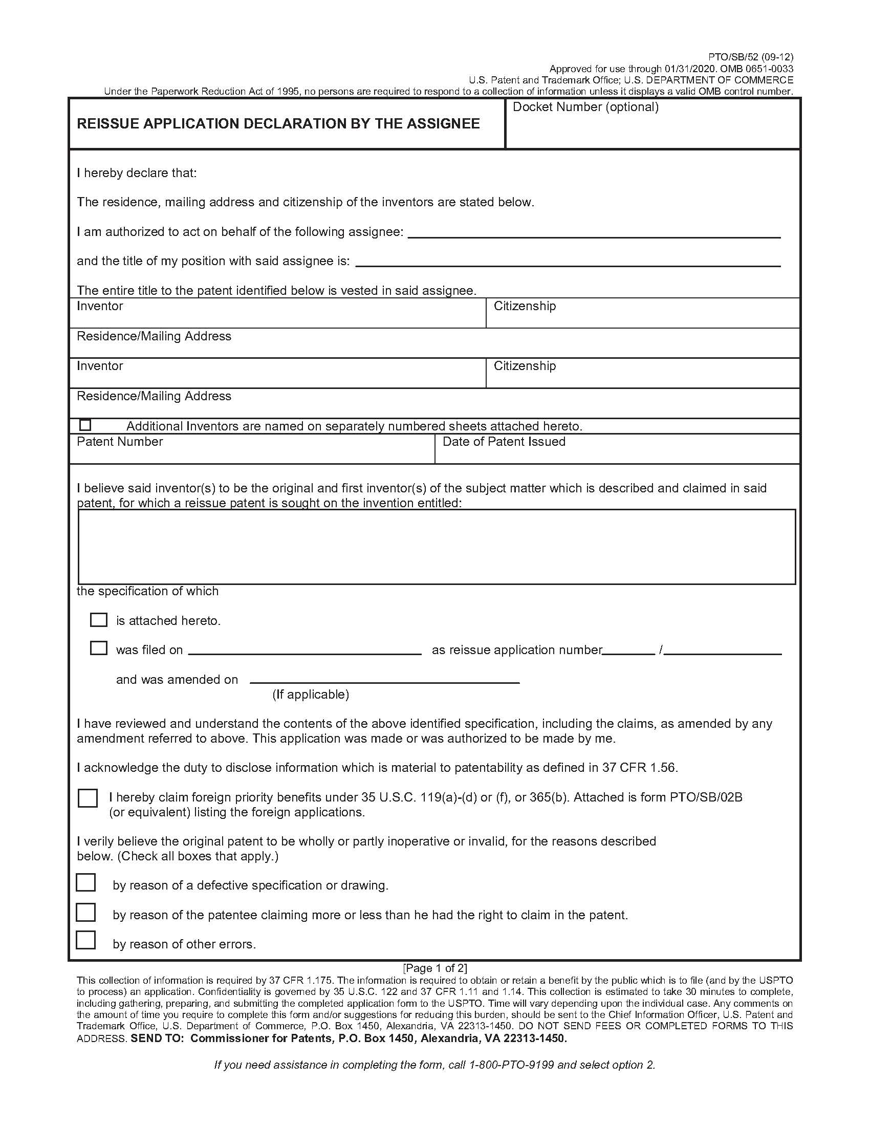 Reissue Application Declaration By The Assignee {PTO-SB-52} | Pdf Fpdf Doc Docx | Official Federal Forms