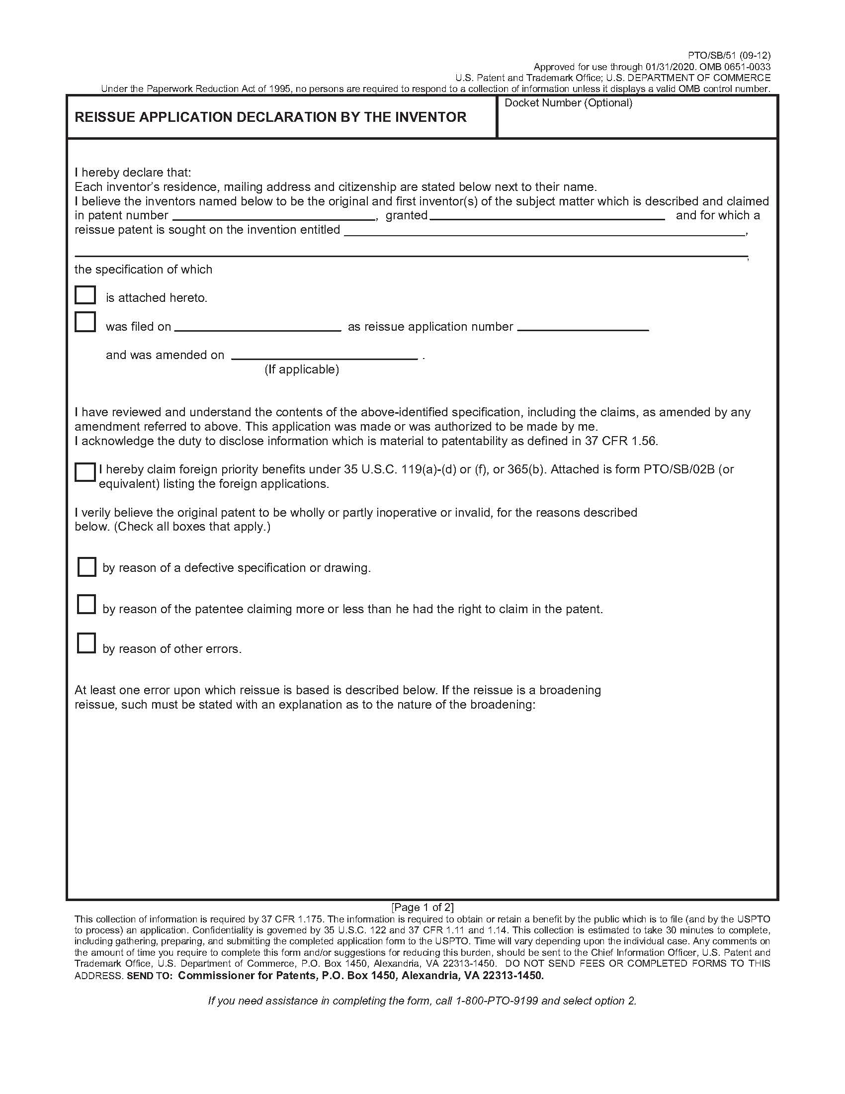 Reissue Application Declaration By The Inventor {PTO-SB-51} | Pdf Fpdf Doc Docx | Official Federal Forms