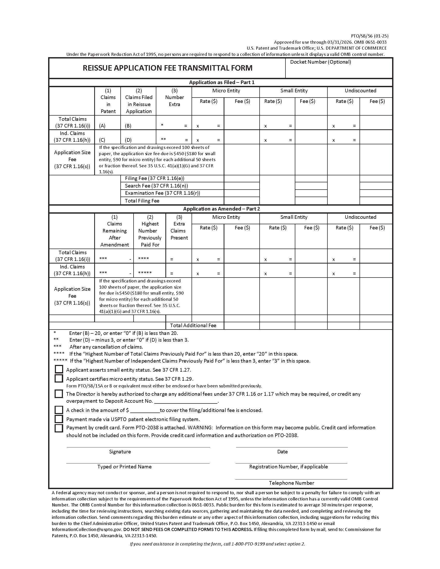 Reissue Application Fee Transmittal Form {PTO-SB-56} | Pdf Fpdf Doc Docx | Official Federal Forms