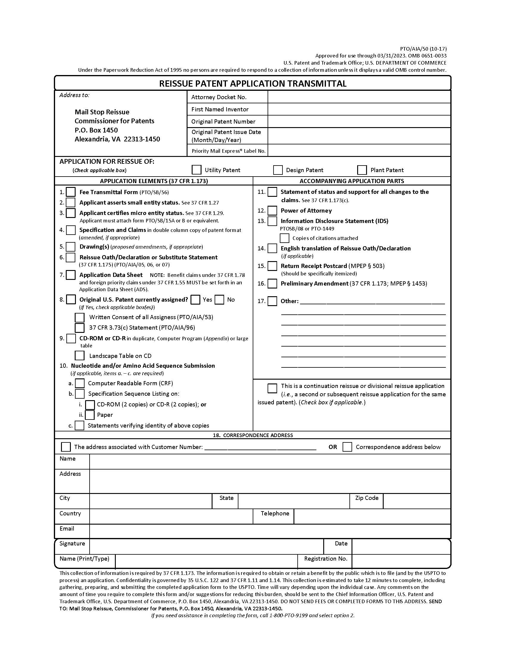 Reissue Patent Application Transmittal {PTO-AIA-50} | Pdf Fpdf Doc Docx | Official Federal Forms