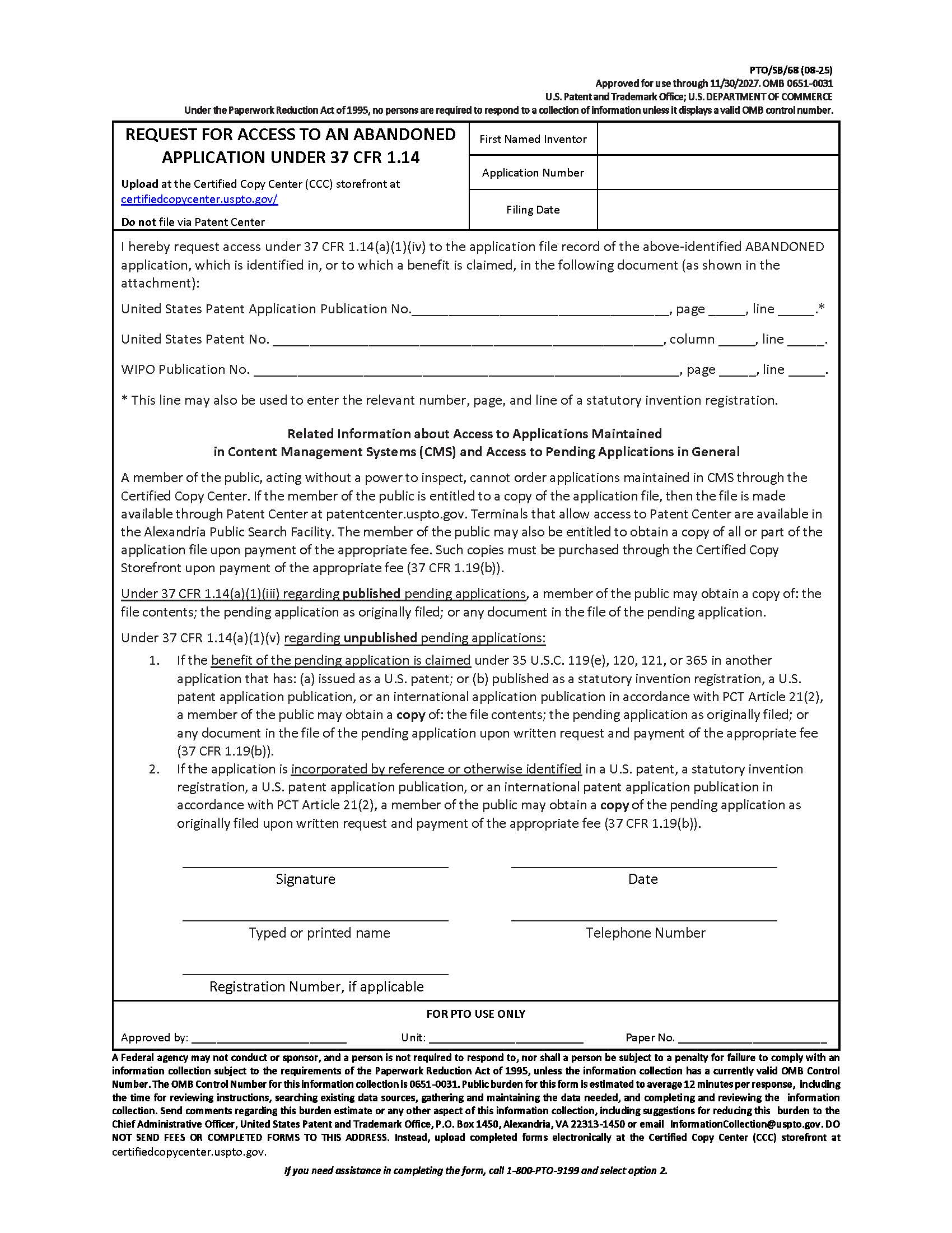 Request For Access To An Abandoned Application Under 37 CFR 1.14 {PTO-SB-68} | Pdf Fpdf Doc Docx | Official Federal Forms