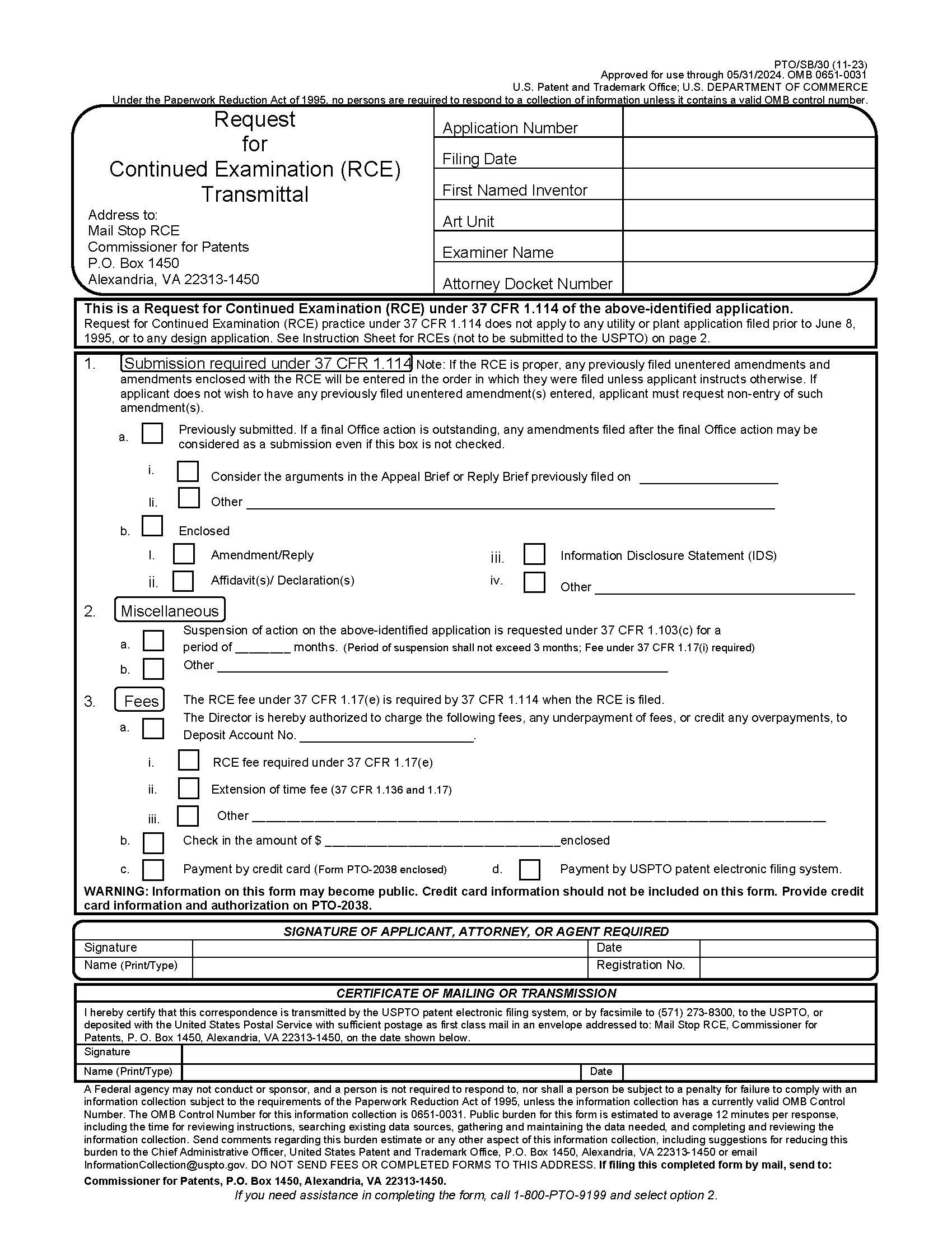 Request For Continued Examination (RCE) Transmittal {PTO-SB-30} | Pdf Fpdf Doc Docx | Official Federal Forms