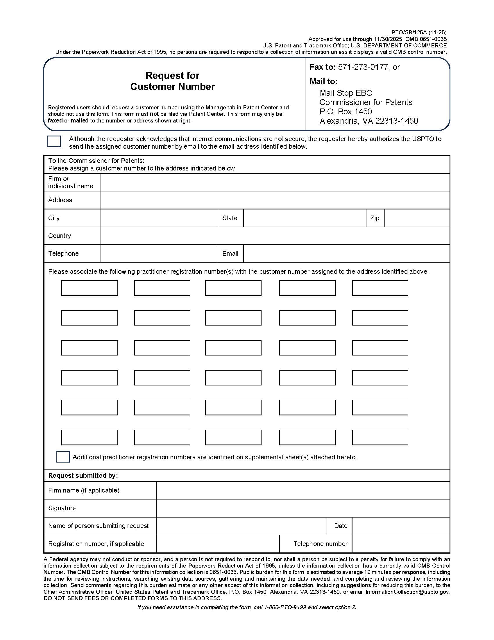 Request For Customer Number {PTO-SB-125} | Pdf Fpdf Docx | Official Federal Forms