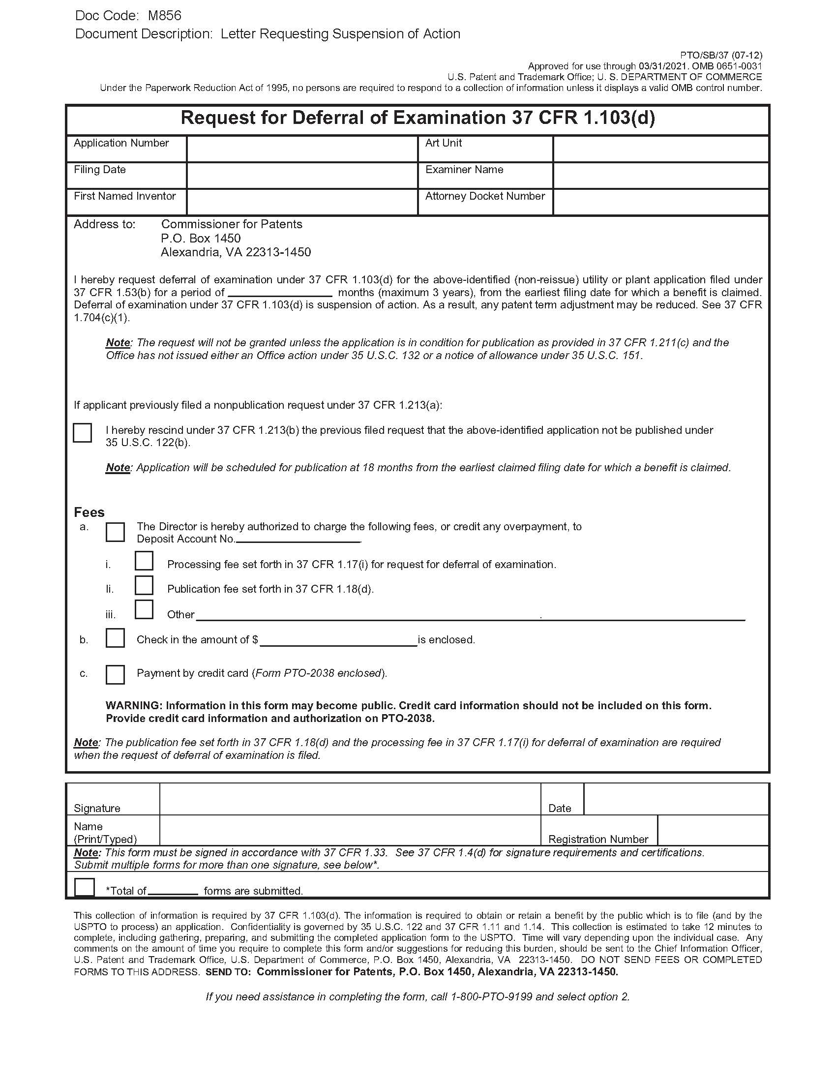 Request For Deferral Of Examination 37 CFR 1.103(d) {PTO-SB-37} | Pdf Fpdf Doc Docx | Official Federal Forms