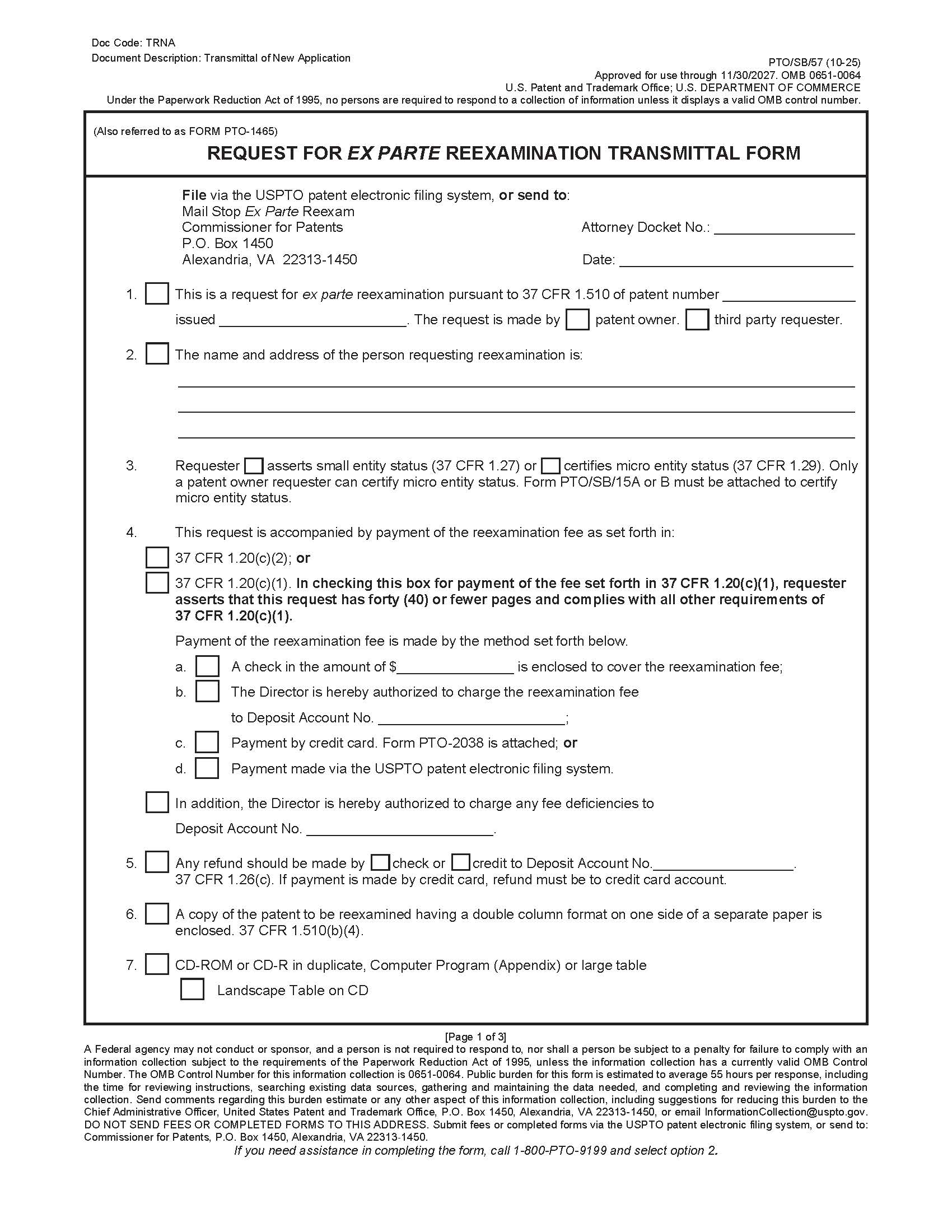 Request For Ex Parte Reexamination Transmittal Form {PTO-SB-57} | Pdf Fpdf Docx | Official Federal Forms
