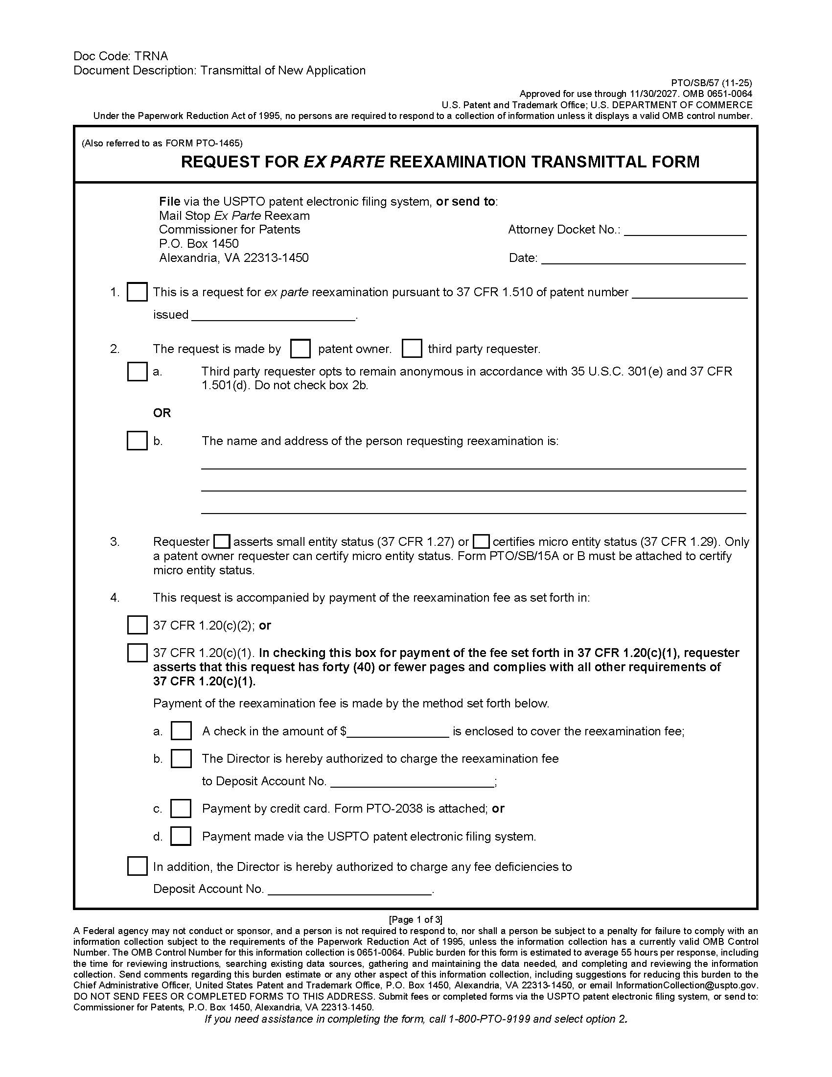 Request For Ex Parte Reexamination Transmittal Form {PTO-SB-57} | Pdf Fpdf Docx | Official Federal Forms