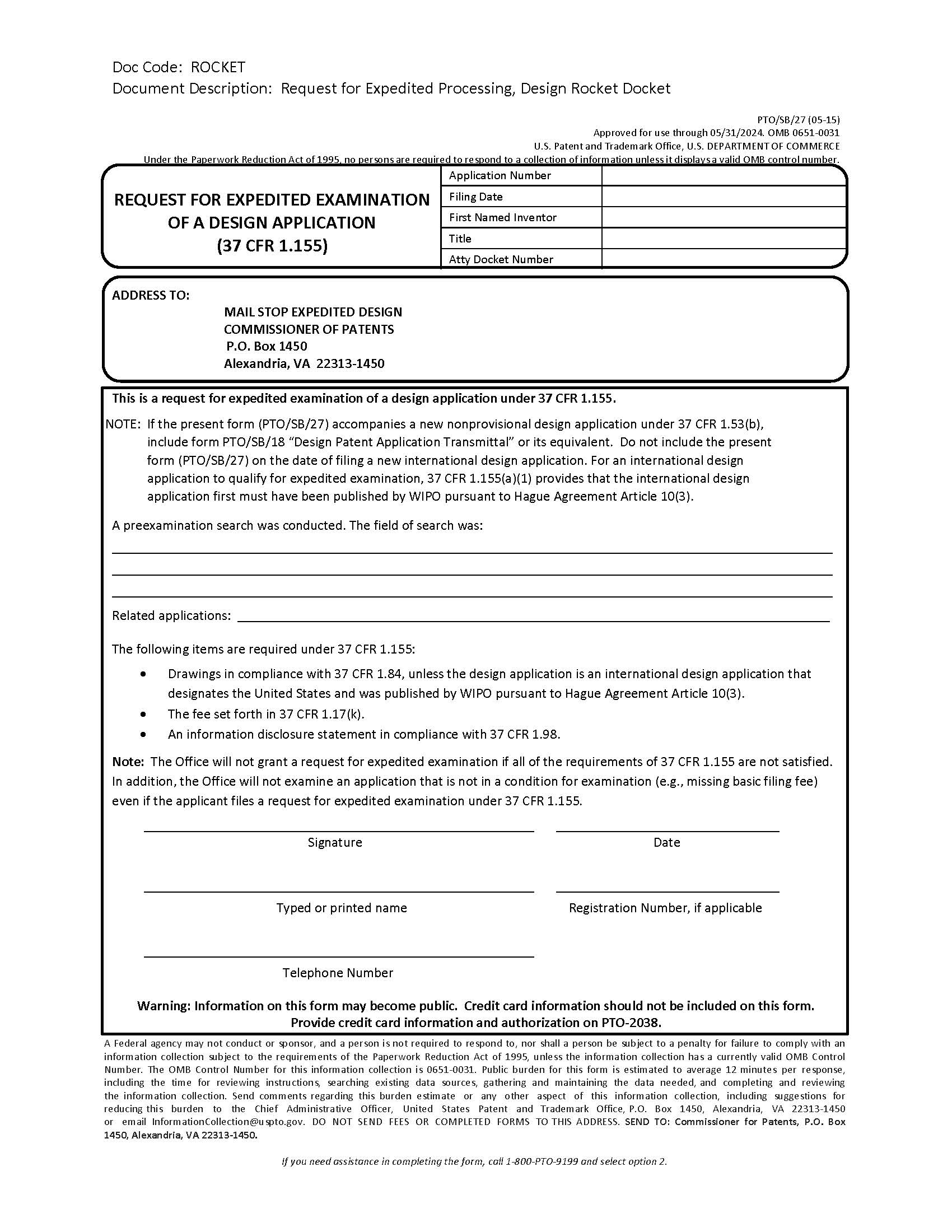 Request For Expedited Examination Of A Design Application 37 CFR 1.155 {PTO-SB-27} | Pdf Fpdf Doc Docx | Official Federal Forms