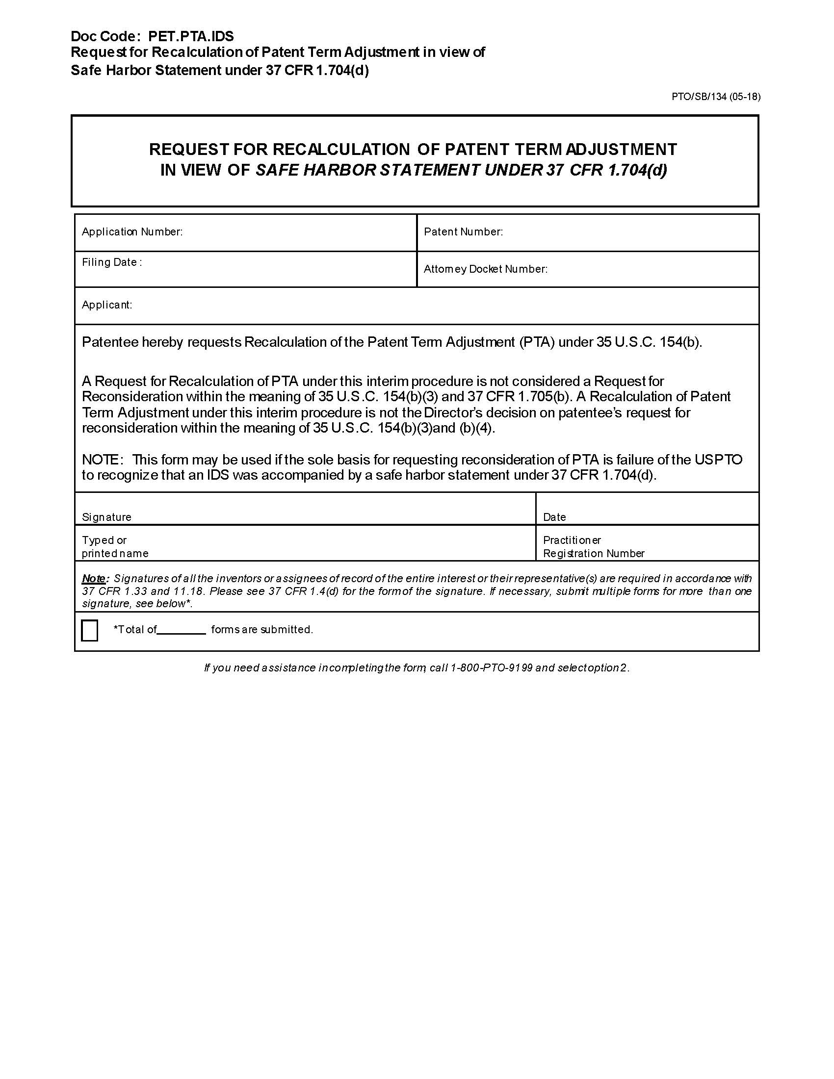 Request For Recalculation Of Patent Term Adjustment In View Of Safe Harbor {PTO-SB-134} | Pdf Fpdf Docx | Official Federal Forms