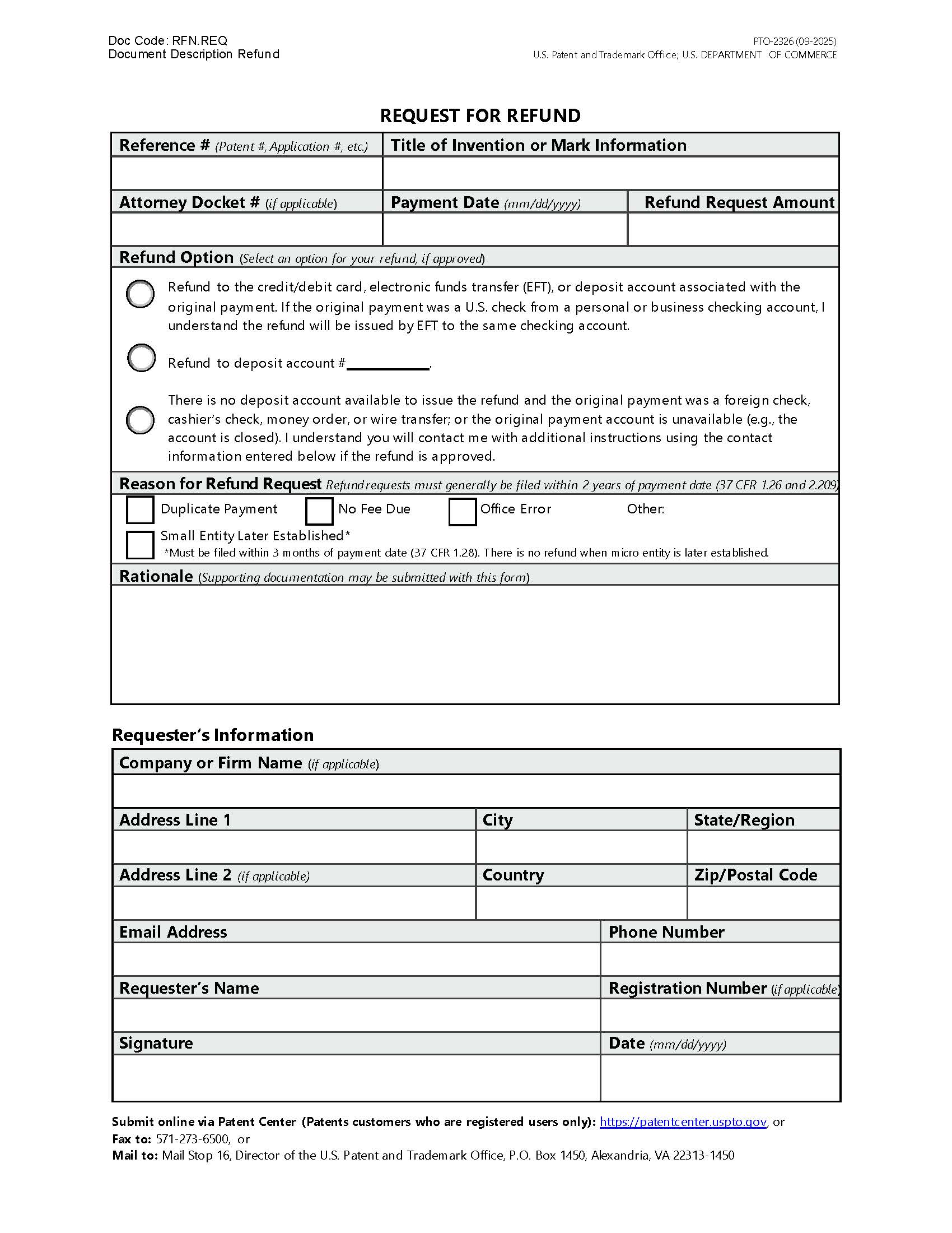 Request For Refund {PTO-2326} | Pdf Fpdf Docx | Official Federal Forms