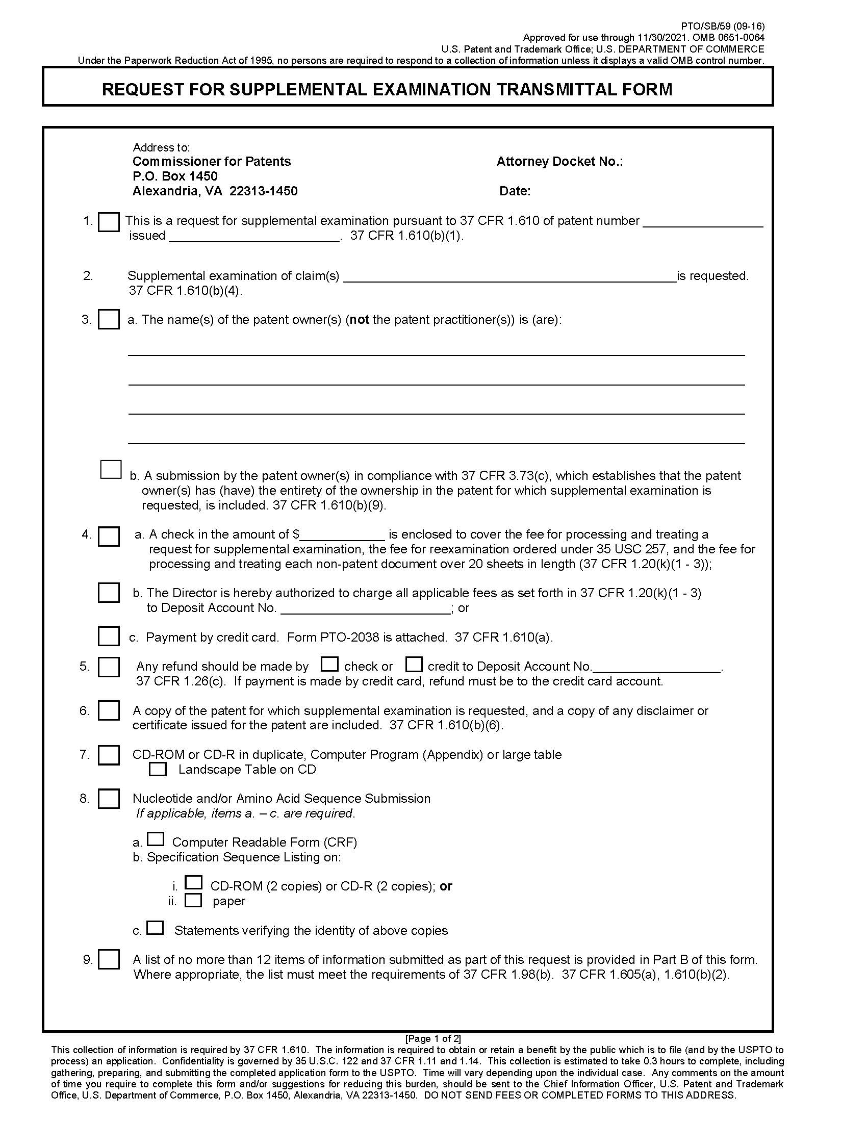 Request For Supplemental Examination Transmittal Form {PTO-SB-59} | Pdf Fpdf Docx | Official Federal Forms
