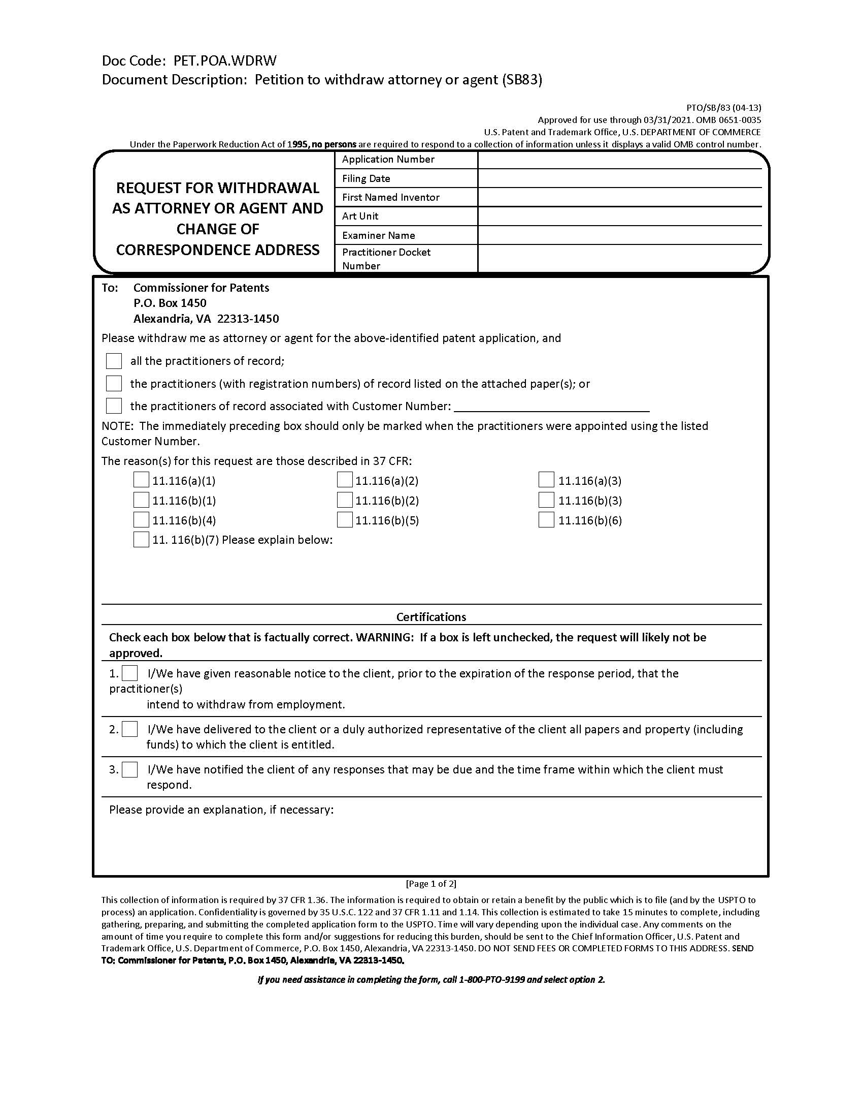 Request For Withdrawal As Attorney Or Agent And Change Of Correspondence Address  {PTO-SB-83} | Pdf Fpdf Docx | Official Federal Forms