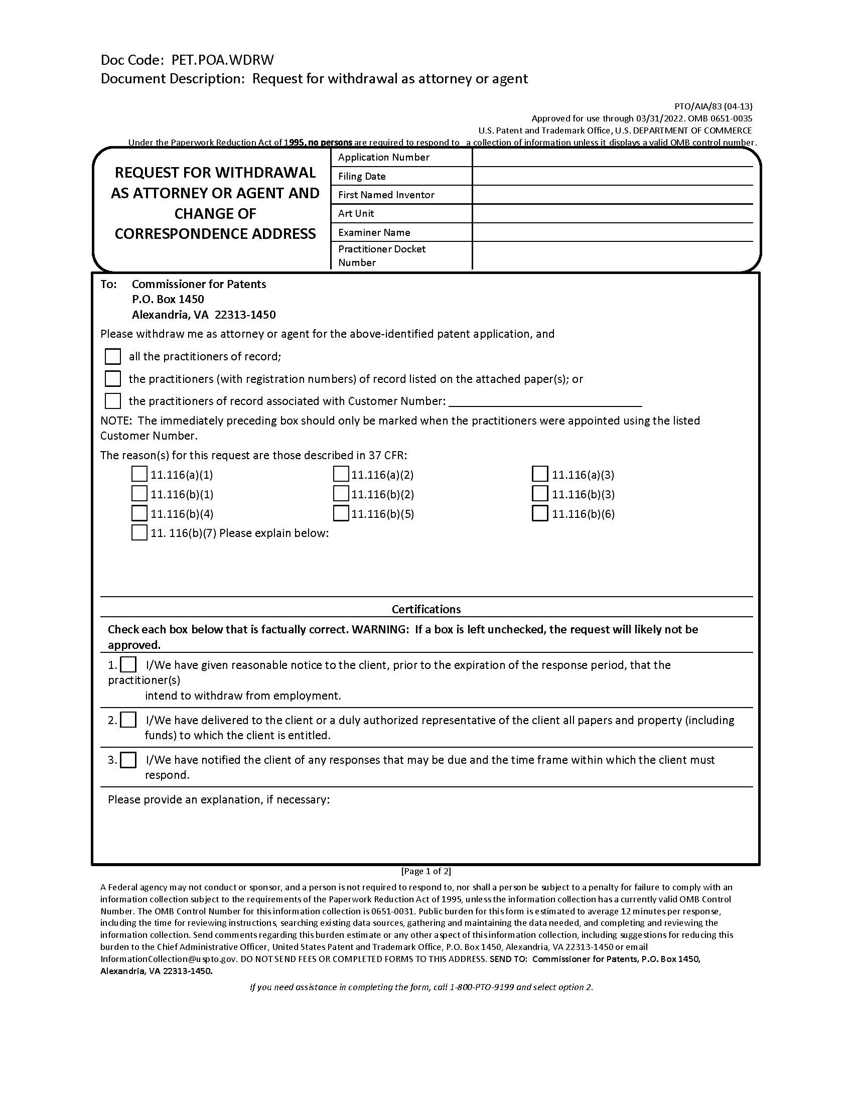 Request For Withdrawal As Attorney Or Agent And Change Of Correspondence Address {PTO-AIA-83} | Pdf Fpdf Docx | Official Federal Forms