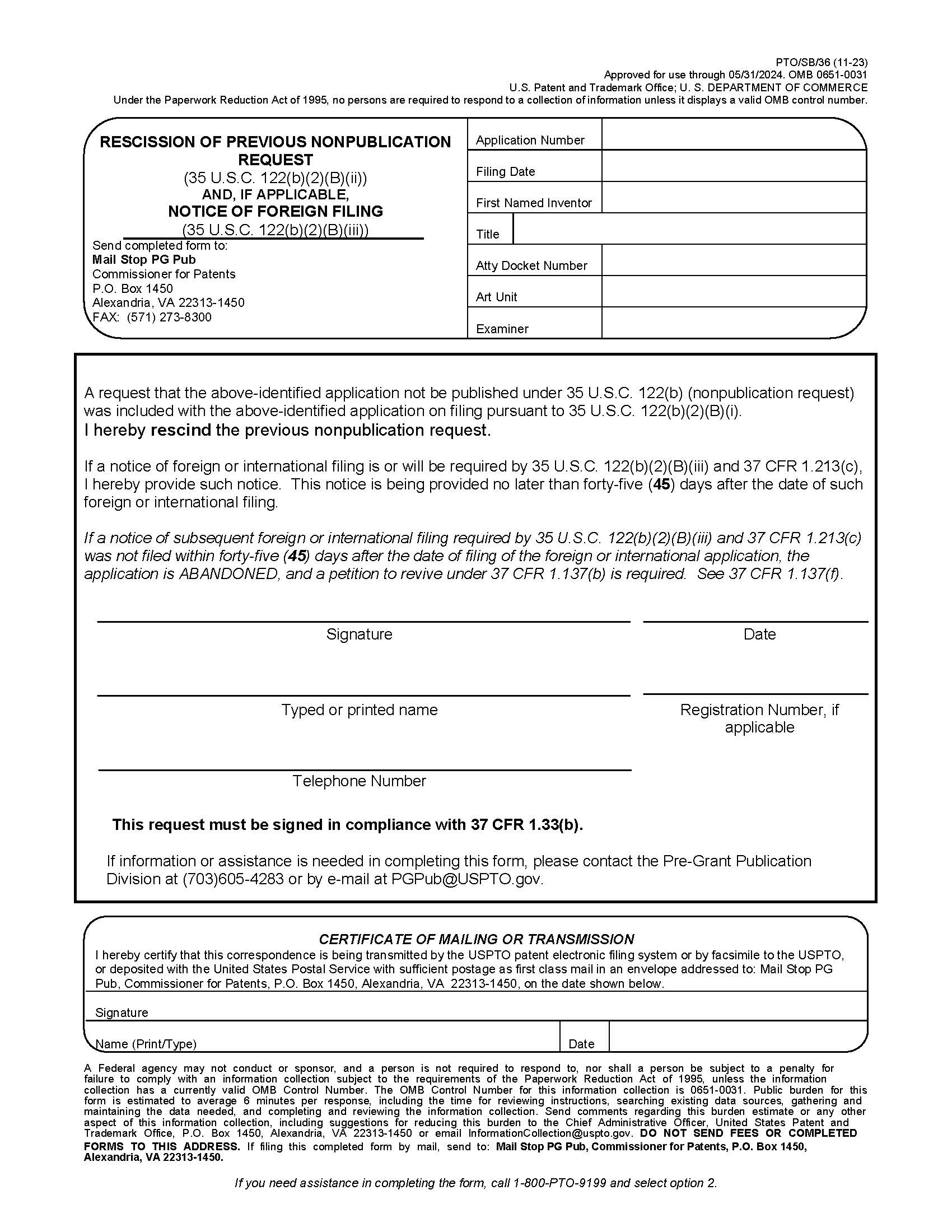 Rescission Of Previous Nonpublication Request And If Applicable Notice Of Foreign Filing {PTO-SB-36} | Pdf Fpdf Doc Docx | Official Federal Forms
