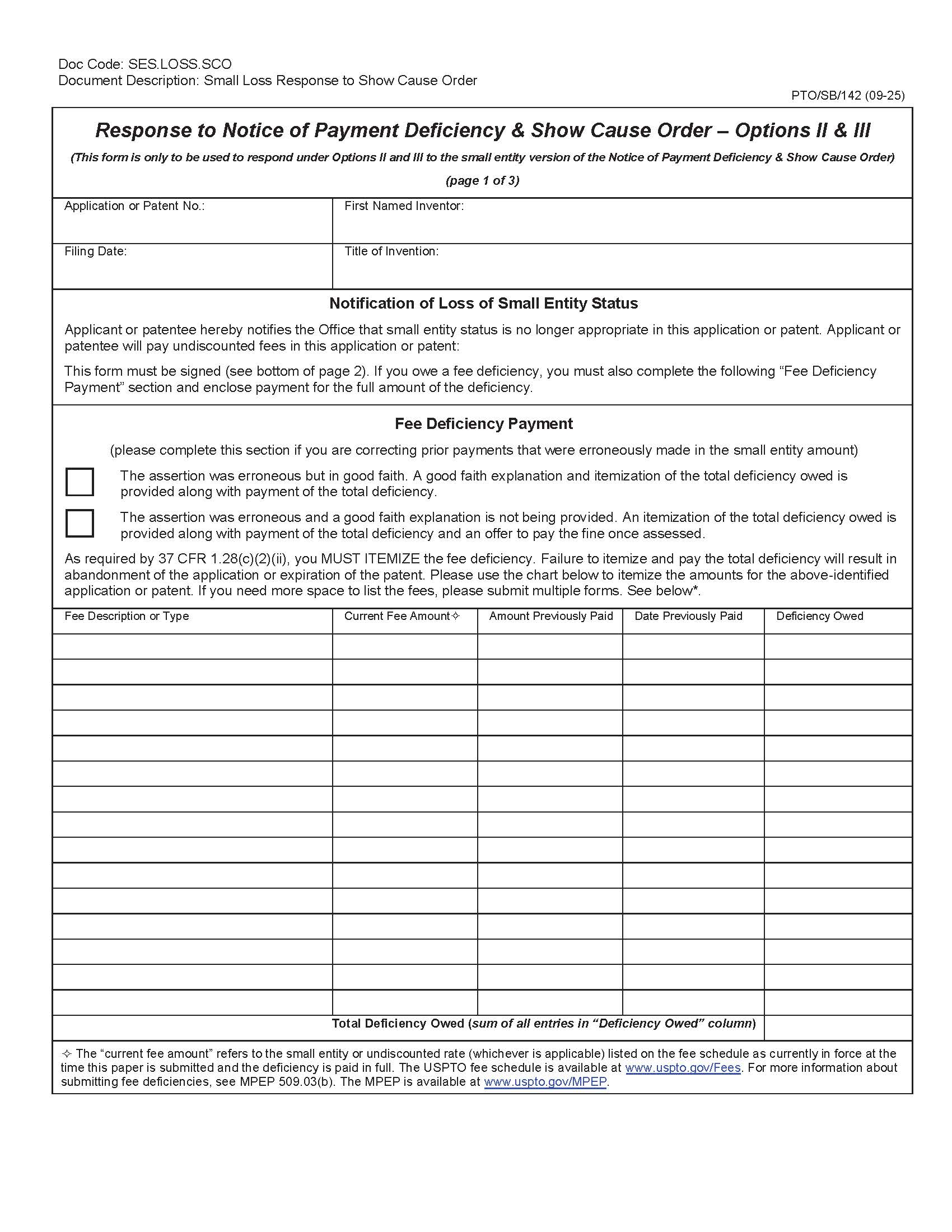Small Entity-Response To Notice Of Payment Deficiency And Show Cause Order {PTO-SB-142} | Pdf Fpdf Docx | Official Federal Forms