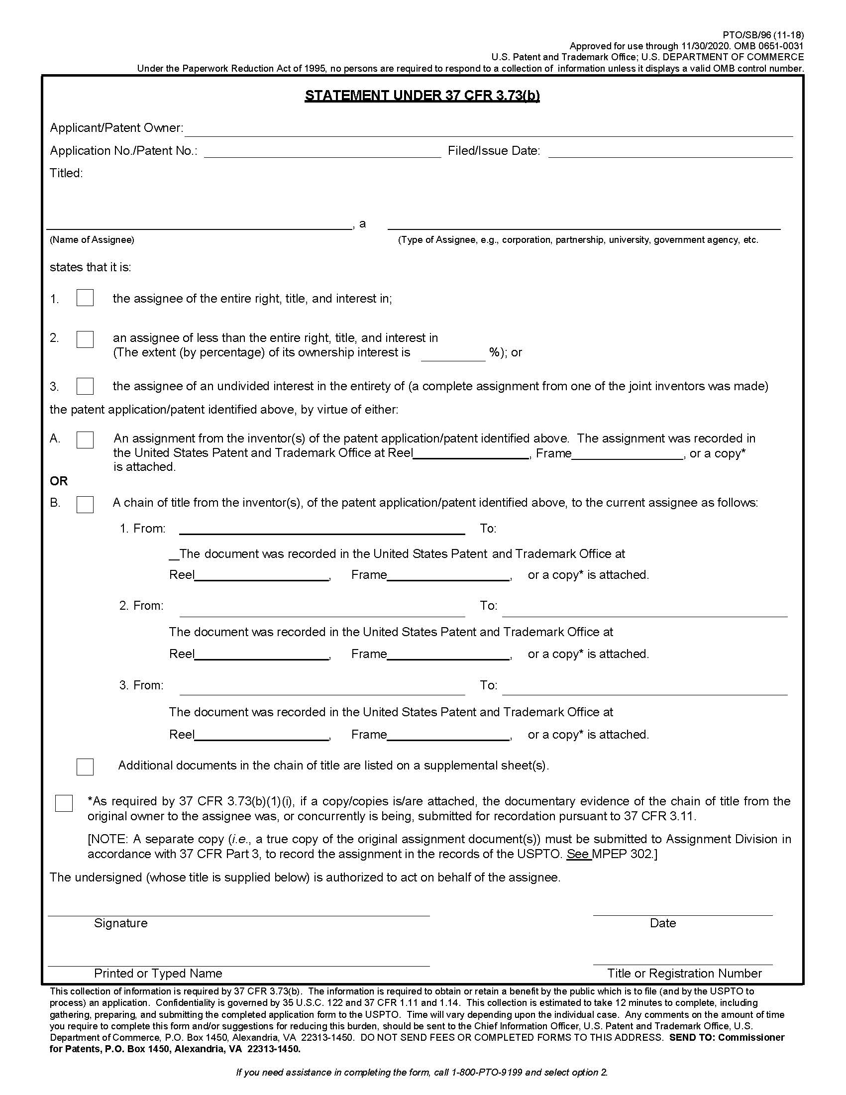 Statement Under 37 CFR 3.73(b) {PTO-SB-96} | Pdf Fpdf Docx | Official Federal Forms