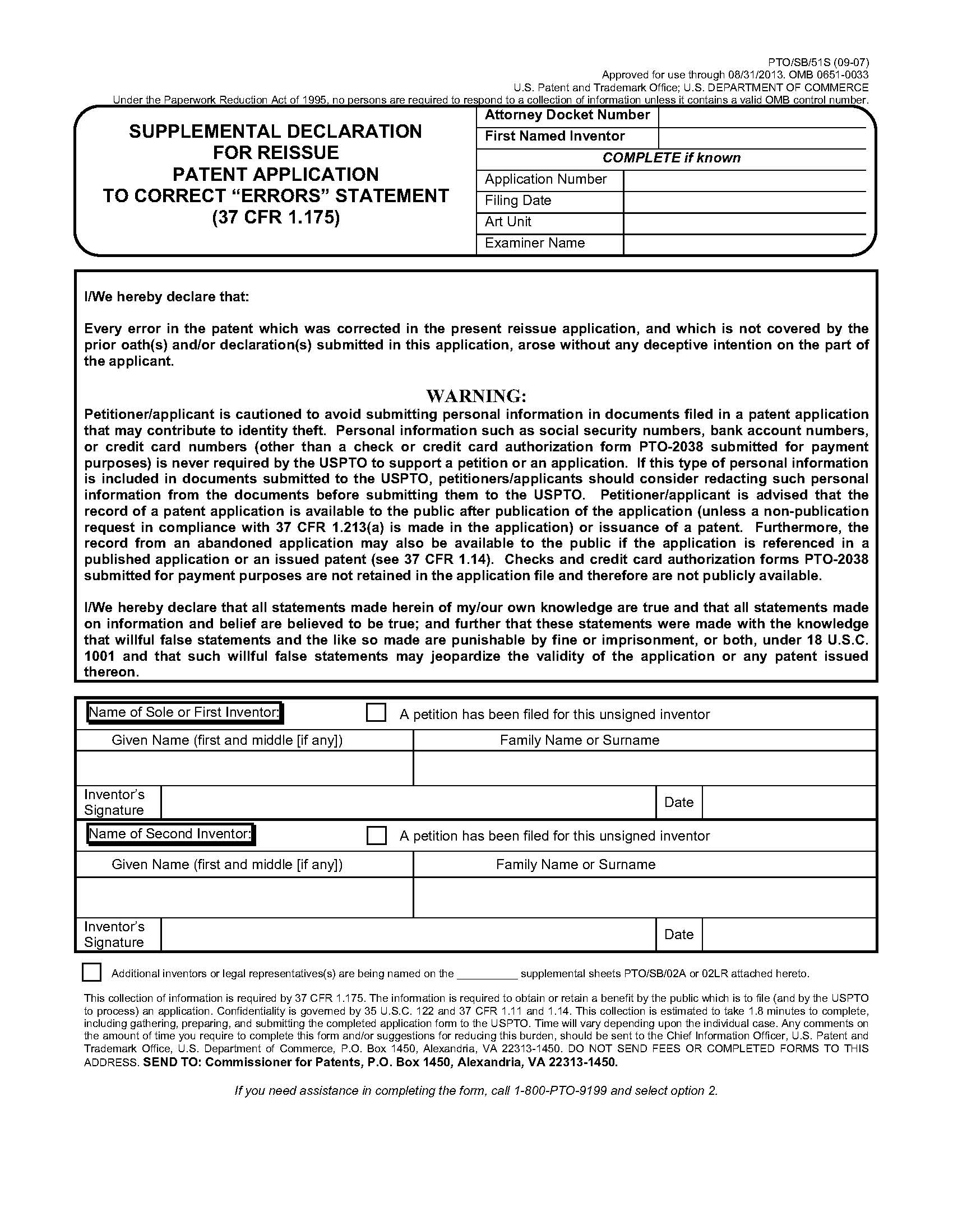Supplemental Declaration For Reissue Patent Application {PTO-SB-51S} | Pdf Fpdf Doc Docx | Official Federal Forms