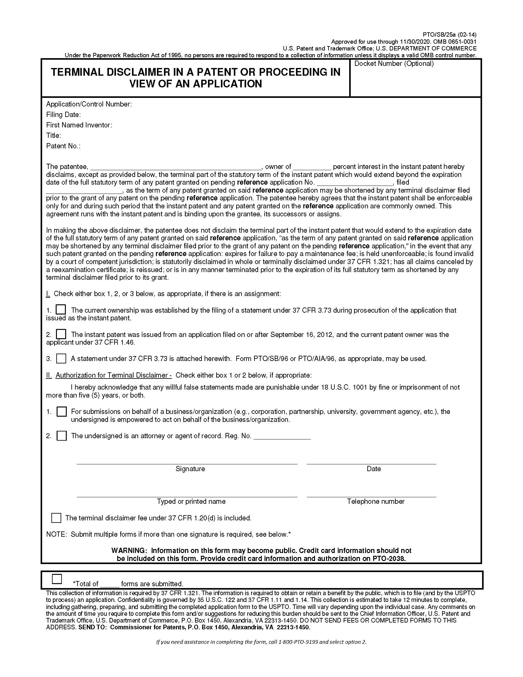 Terminal Disclaimer In A Patent Or Proceeding In View Of An Application {PTO-SB-25a} | Pdf Fpdf Doc Docx | Official Federal Forms