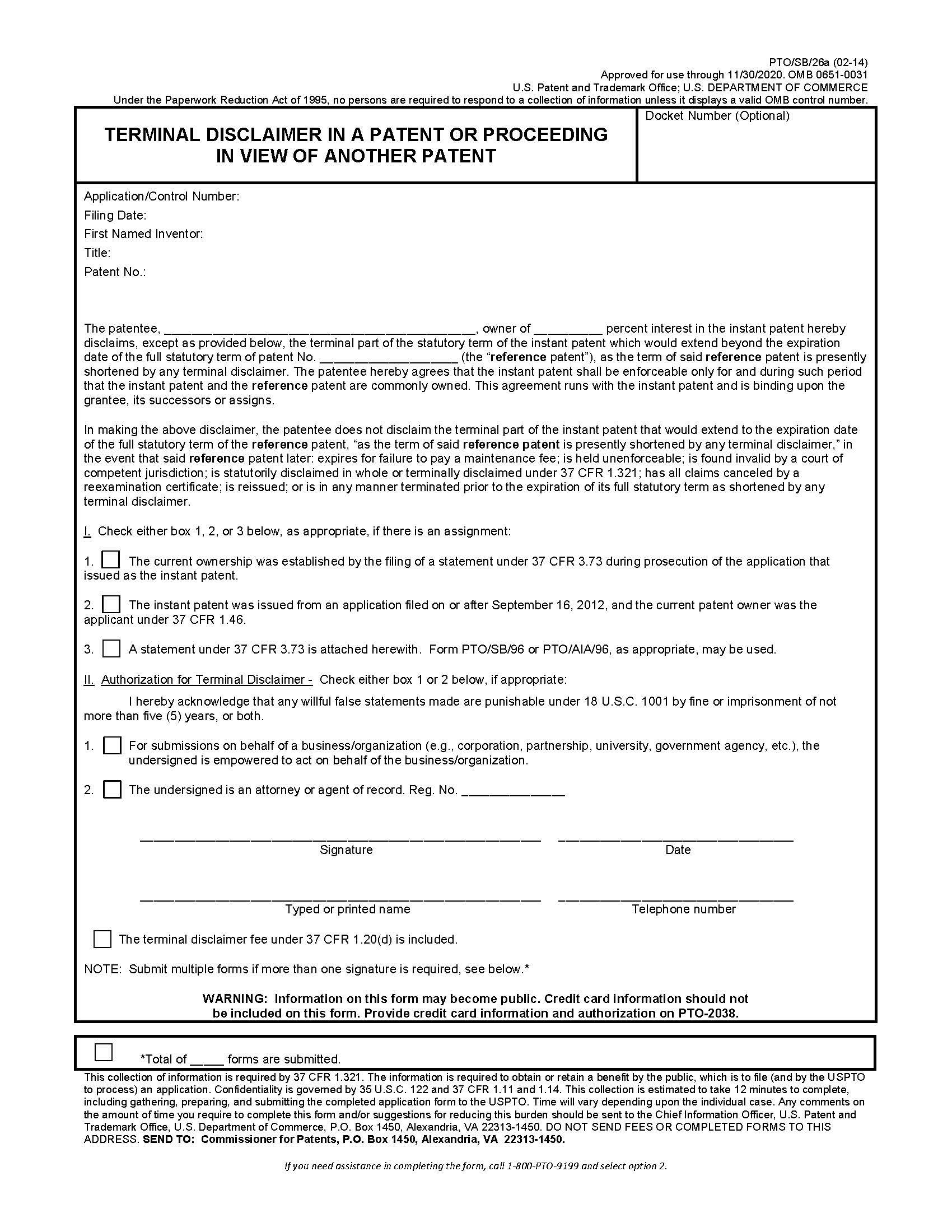 Terminal Disclaimer In A Patent Or Proceeding In View Of Another Patent {PTO-SB-26a} | Pdf Fpdf Doc Docx | Official Federal Forms