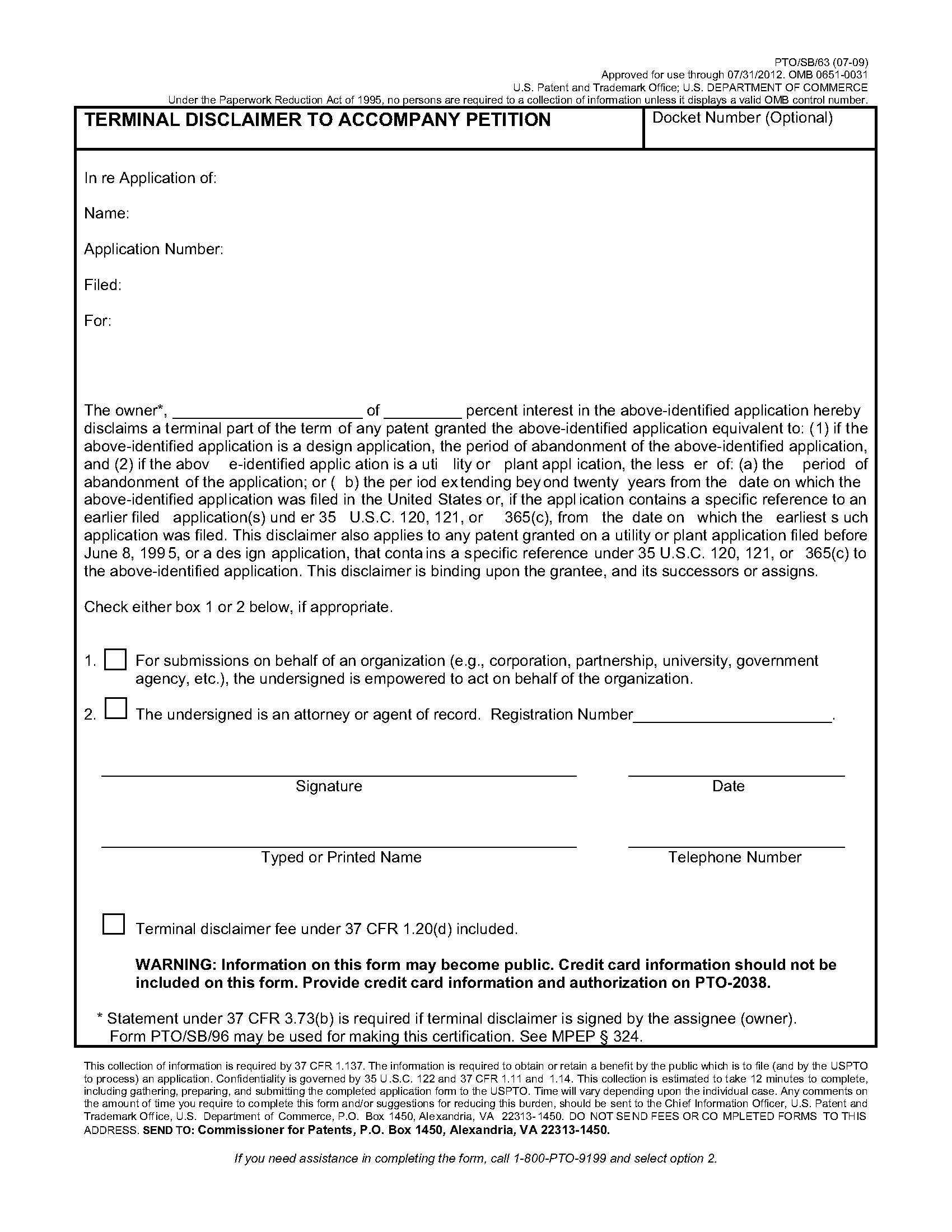Terminal Disclaimer To Accompany Petition {PTO-SB-63} | Pdf Fpdf Doc Docx | Official Federal Forms