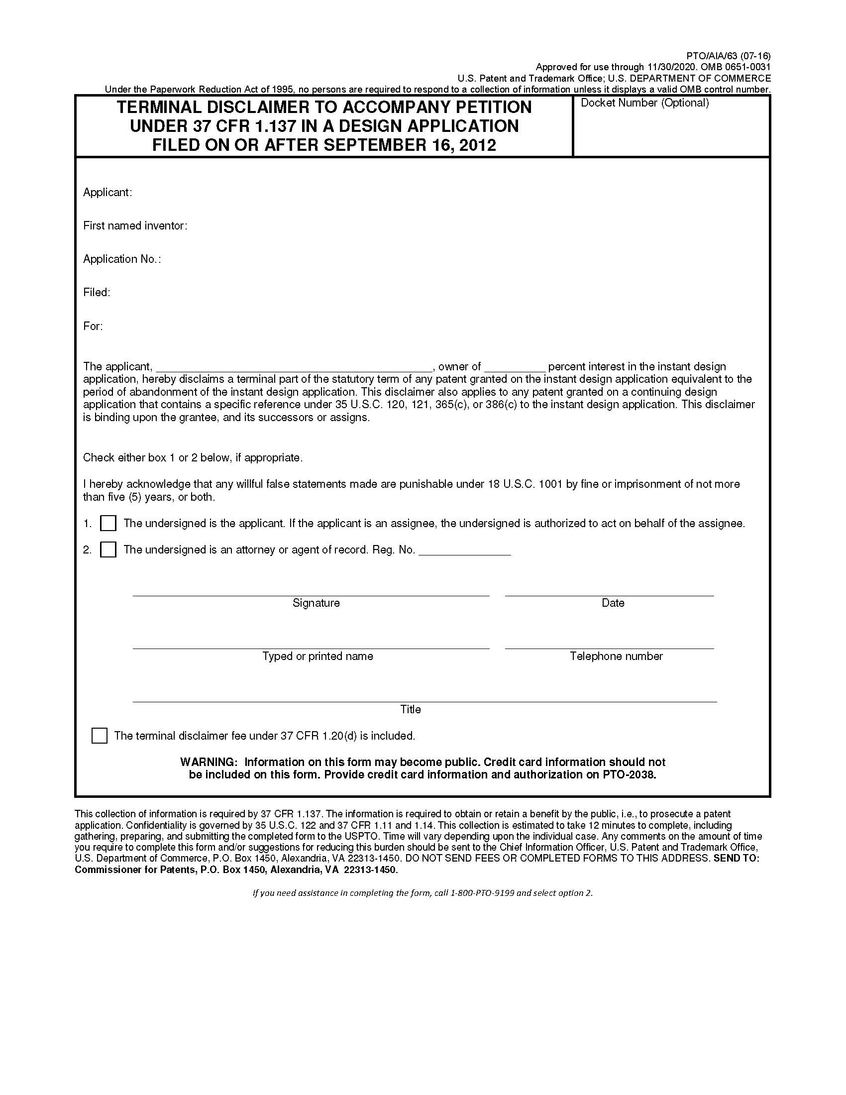 Terminal Disclaimer To Accompany Petition Under 37 CFR 1.137 {PTO-AIA-63} | Pdf Fpdf Doc Docx | Official Federal Forms