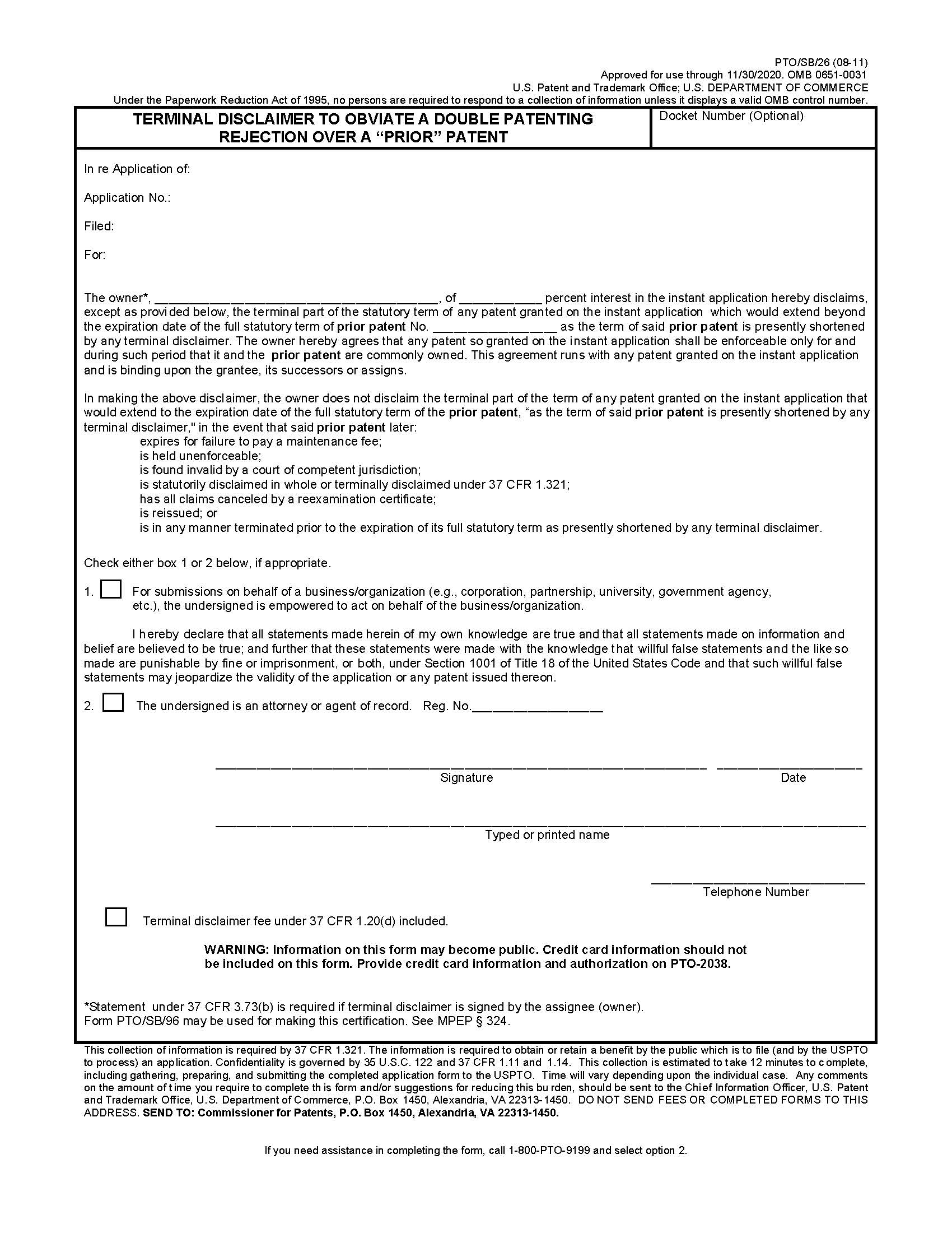 Terminal Disclaimer To Obviate A Double Patenting Rejection Over A Prior Patent {PTO-SB-26} | Pdf Fpdf Doc Docx | Official Federal Forms