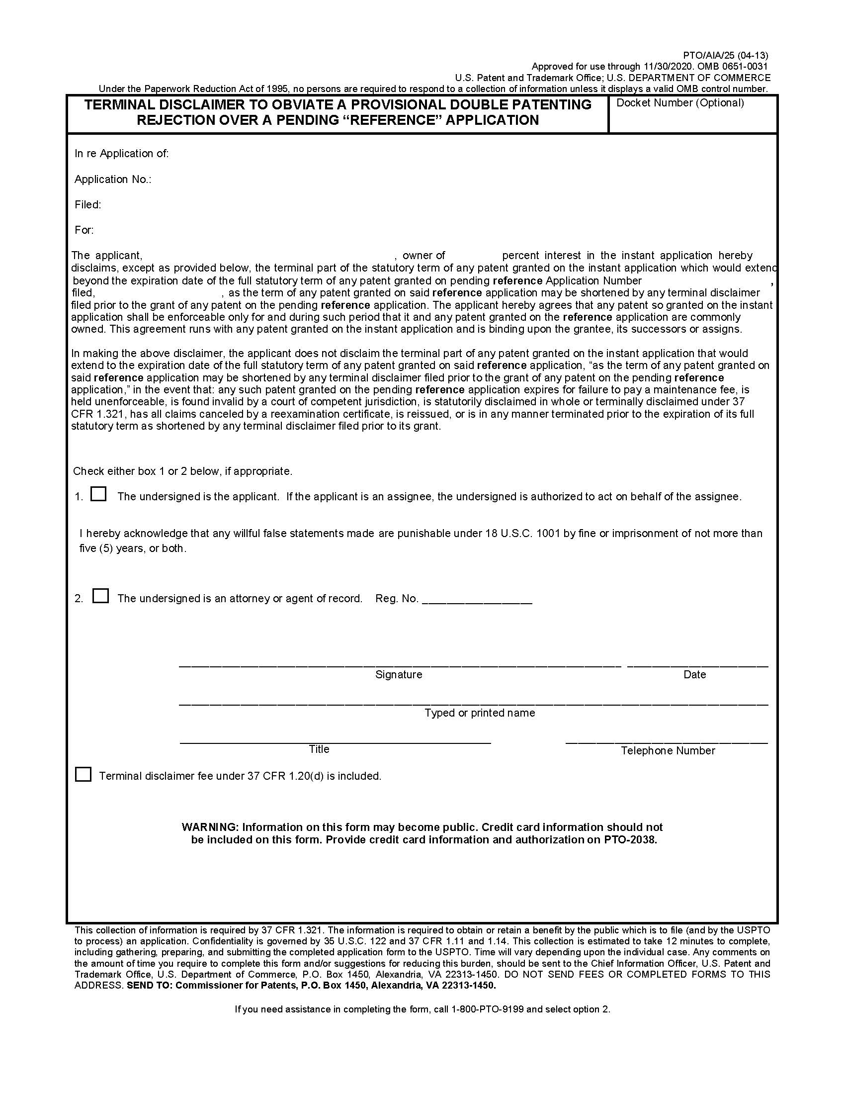 Terminal Disclaimer To Obviate A Provisional Double Patenting Rejection Over Pending Reference Application {PTO-AIA-25} | Pdf Fpdf Doc Docx | Official Federal Forms