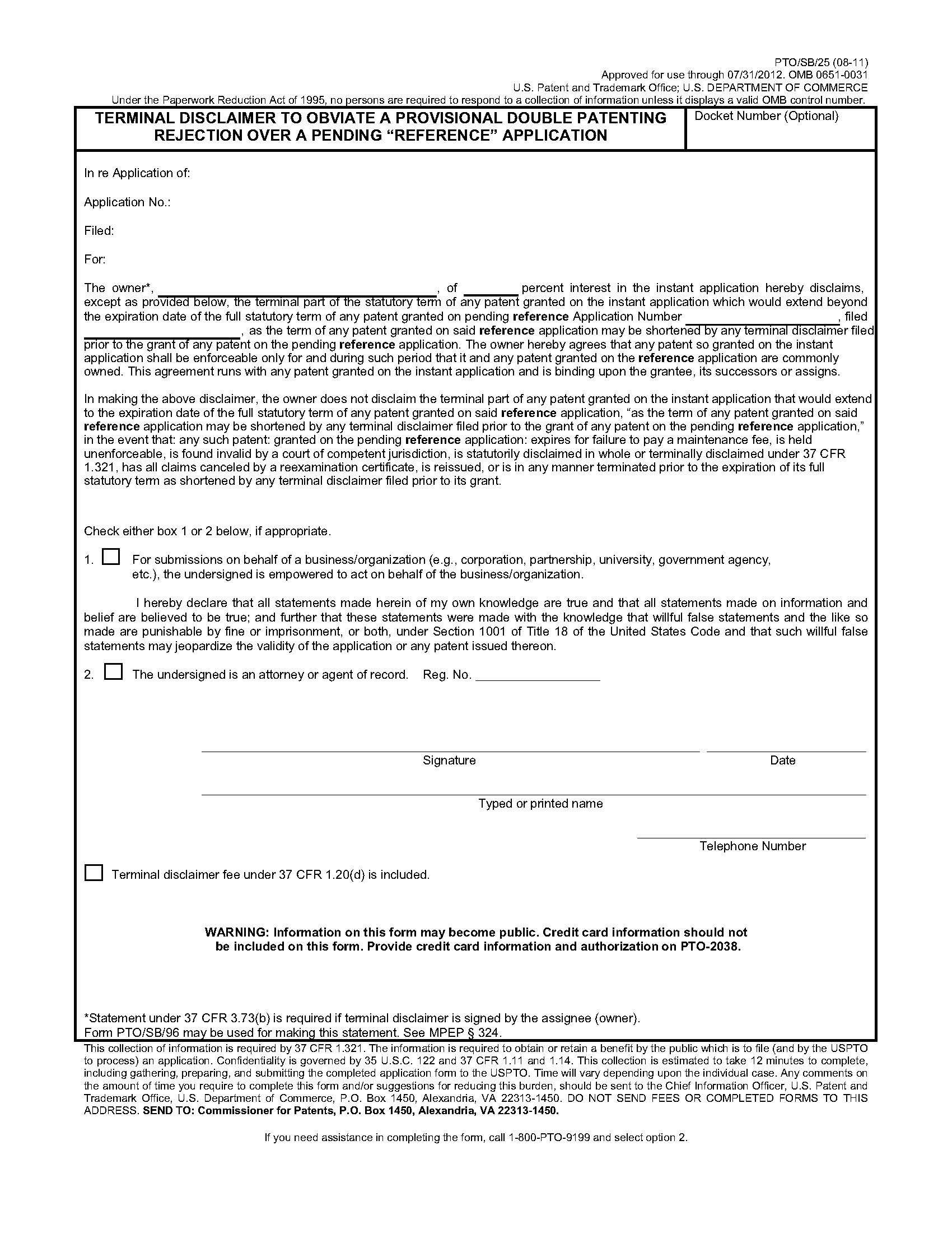 Terminal Disclaimer To Obviate A Provisional Double Patenting Rejection Over Pending Second Application {PTO-SB-25} | Pdf Fpdf Doc Docx | Official Federal Forms