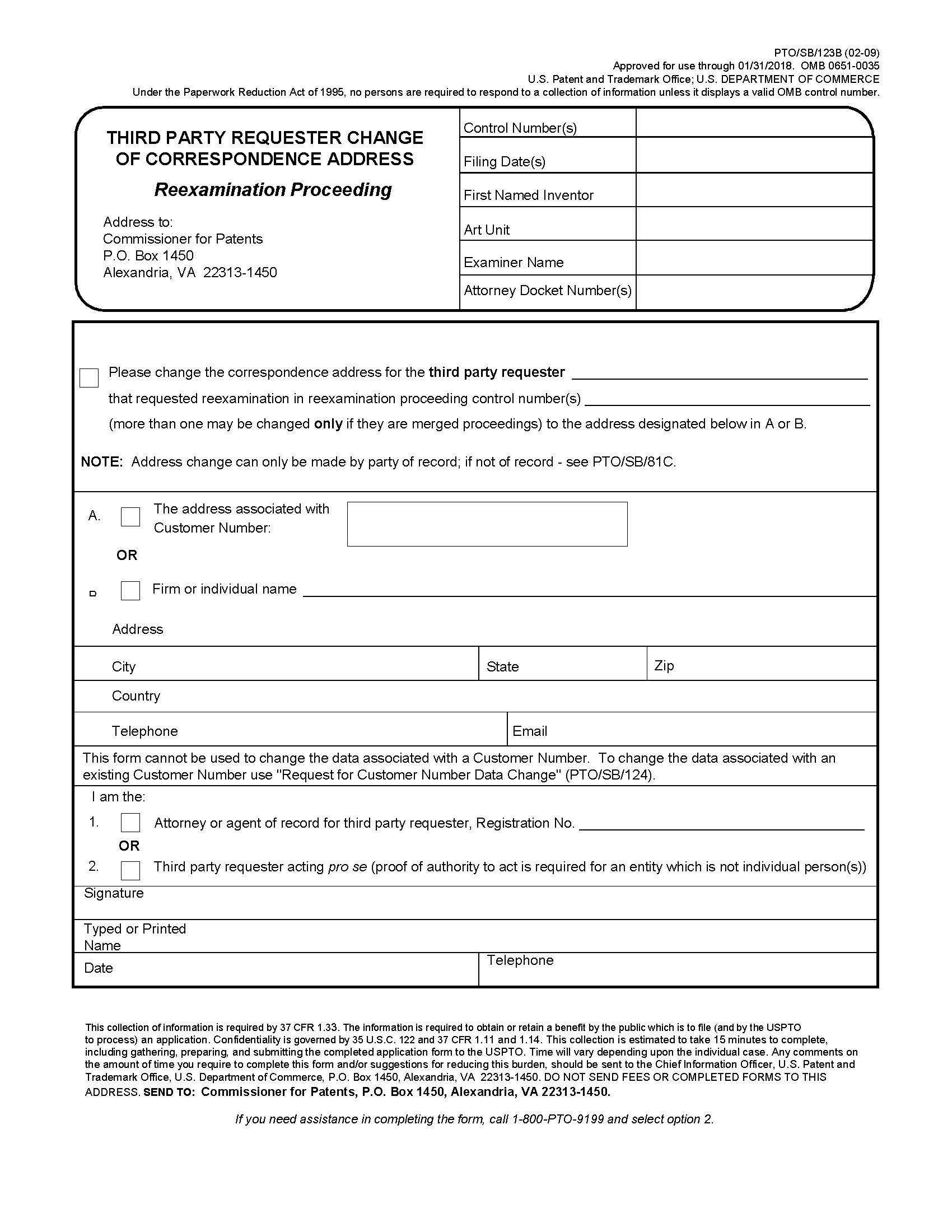 Third Party Requester Change Of Correspondence Address-Reexamination Proceeding {PTO-SB-123B} | Pdf Fpdf Doc Docx | Official Federal Forms