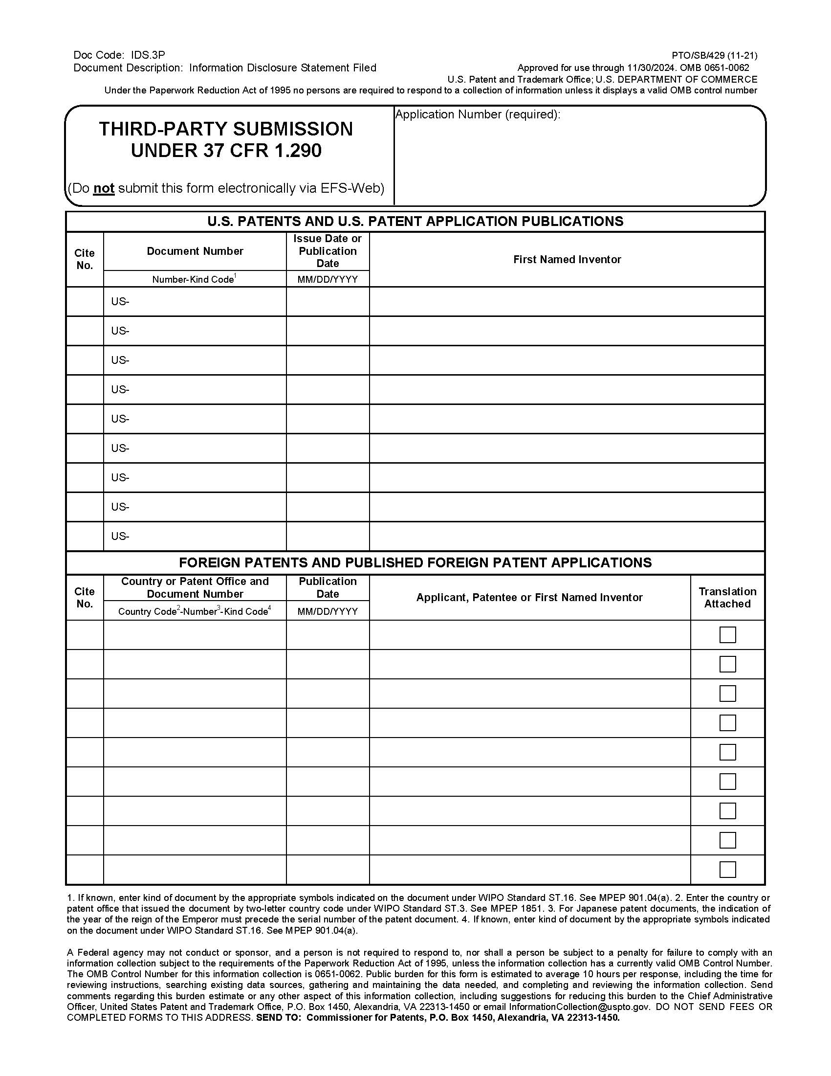 Third-Party Submission Under 37 CFR 1.290 {PTO-SB-429} | Pdf Fpdf Doc Docx | Official Federal Forms