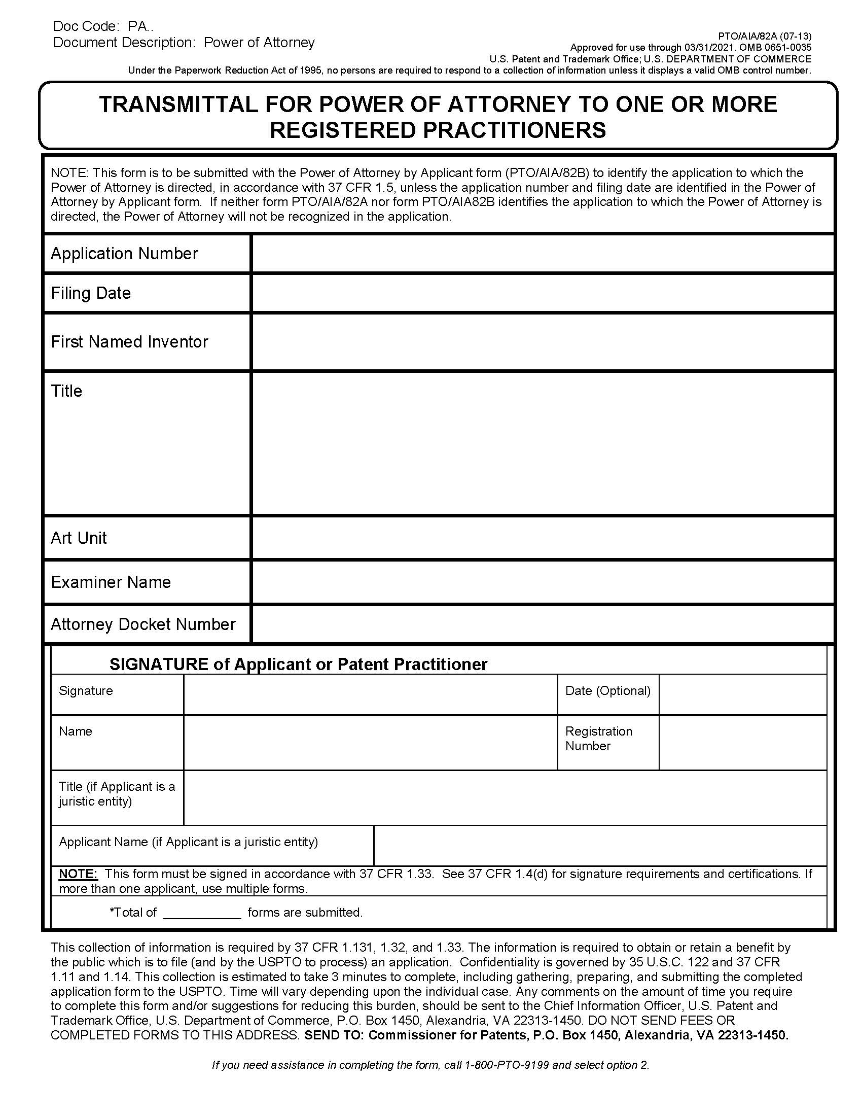 Transmittal For Power Of Attorney To One Or More Registered Practitioners {PTO-AIA-82} | Pdf Fpdf Docx | Official Federal Forms