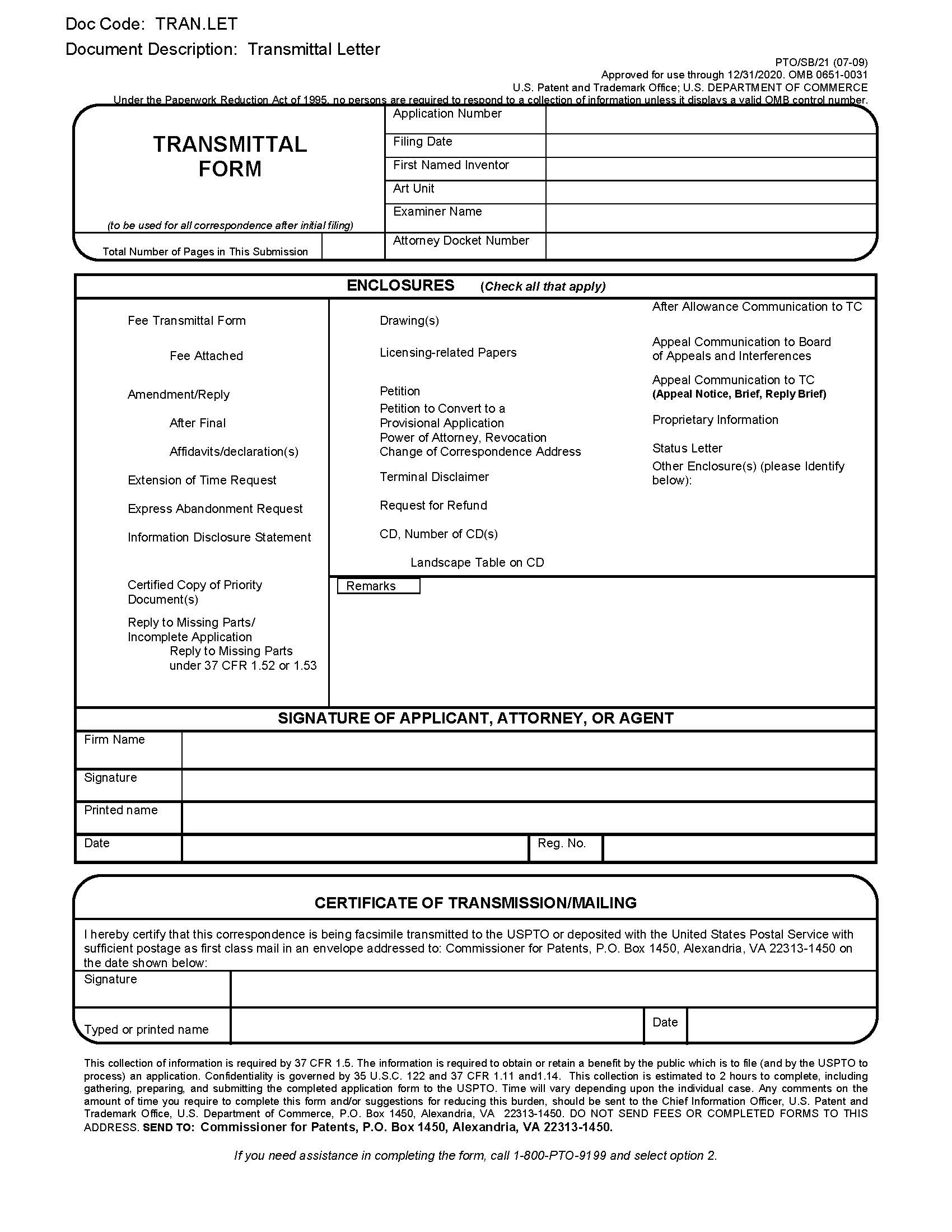 Transmittal Form {PTO-SB-21} | Pdf Fpdf Doc Docx | Official Federal Forms