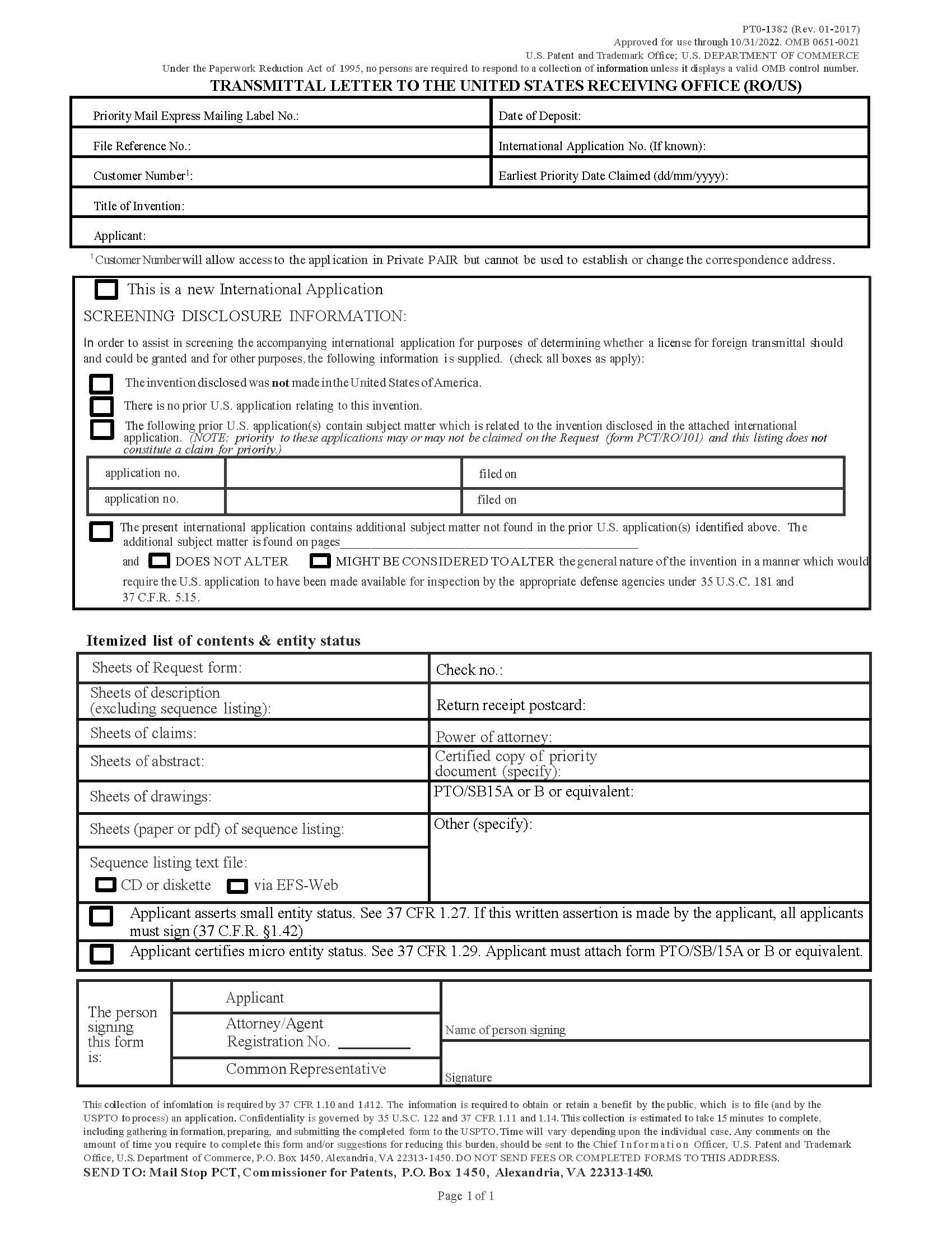 Transmittal Letter To The US Receiving Office {PTO-1382} | Pdf Fpdf Doc Docx | Official Federal Forms