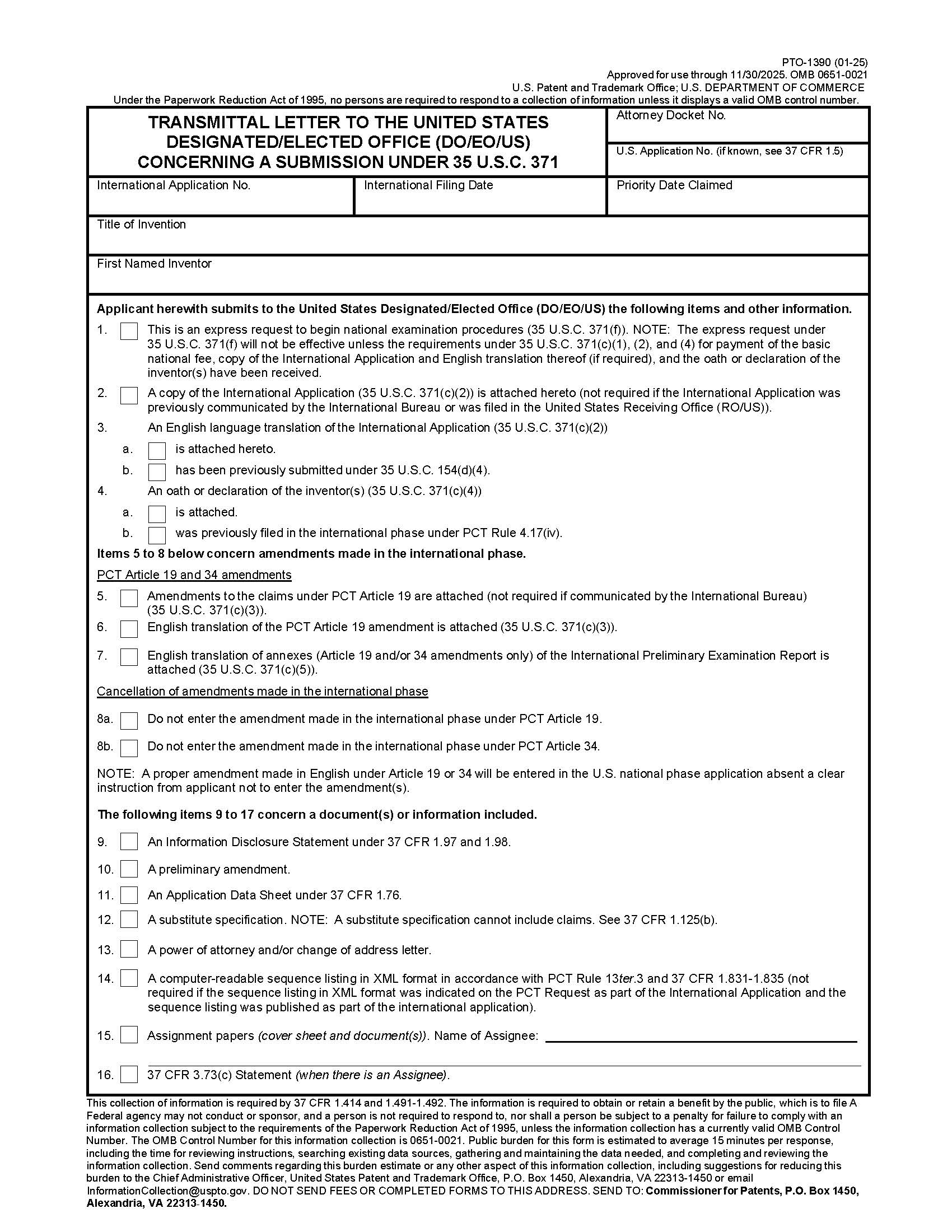 Transmittal Letter To The United States Designated-Elected Office (DO-EO-US) {PTO-1390} | Pdf Fpdf Doc Docx | Official Federal Forms