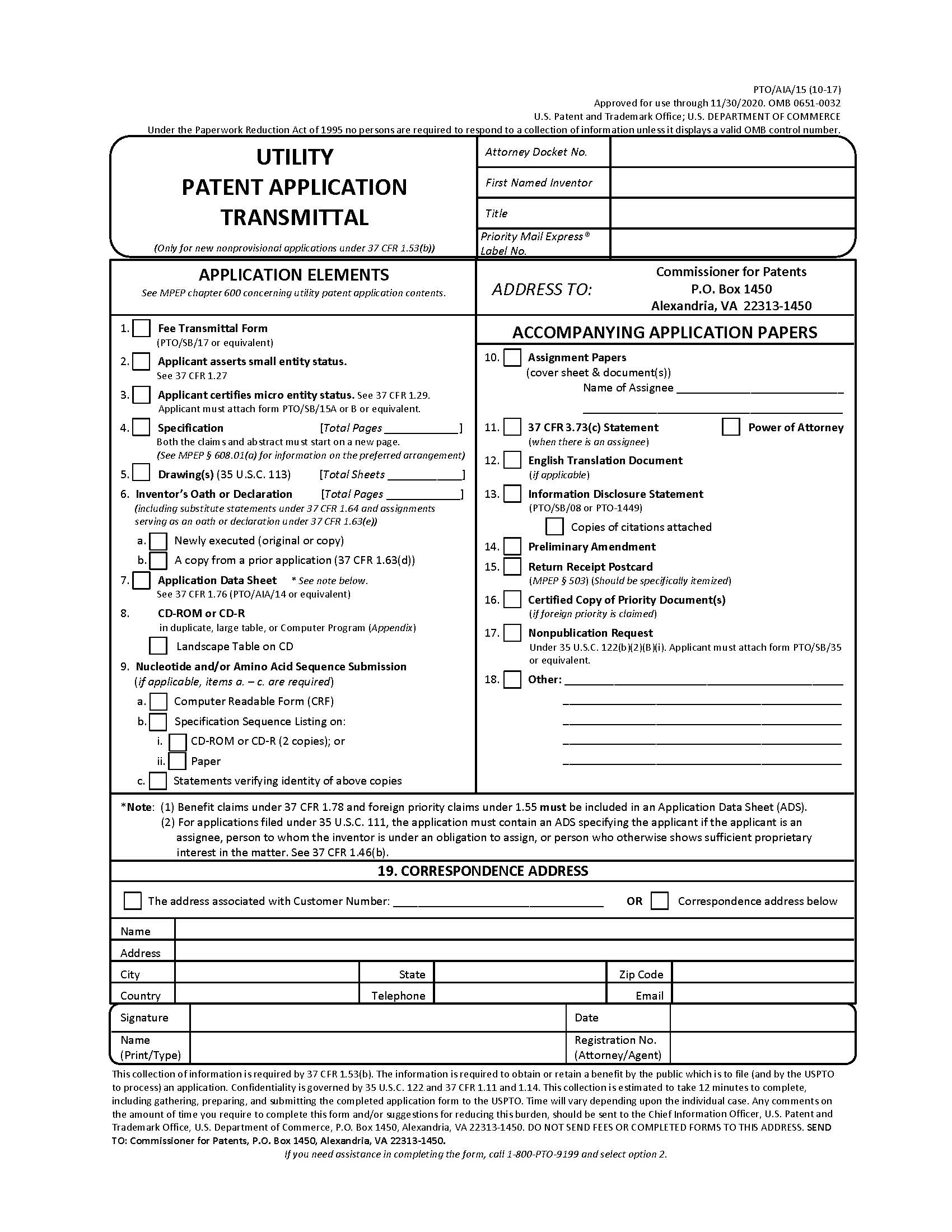 Utility Patent Application Transmittal {PTO-AIA-15} | Pdf Fpdf Doc Docx | Official Federal Forms