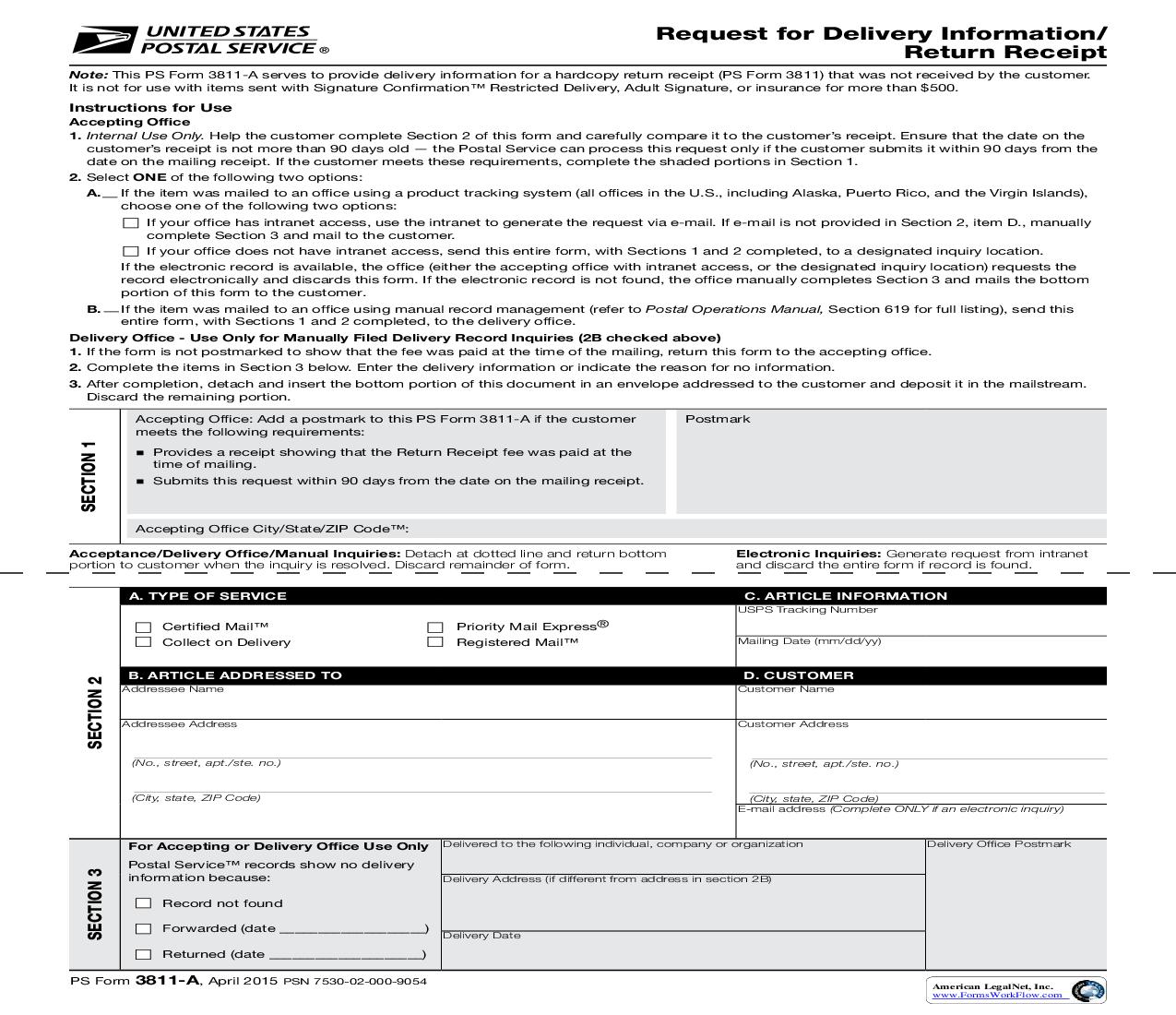 Request For Delivery Information-Return Receipt {PS 3811-A} | Pdf Fpdf Doc Docx | Official Federal Forms