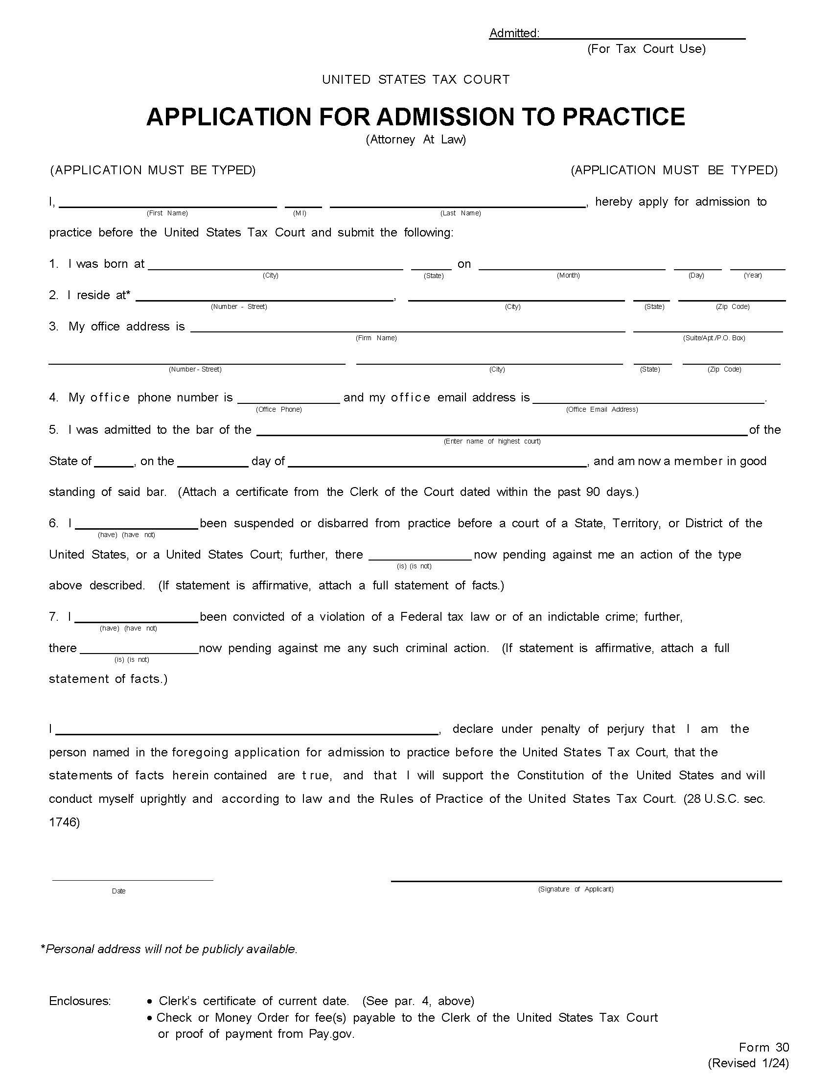 Application For Admission To Practice (Attorney At Law) {30} | Pdf Fpdf Doc Docx | Official Federal Forms
