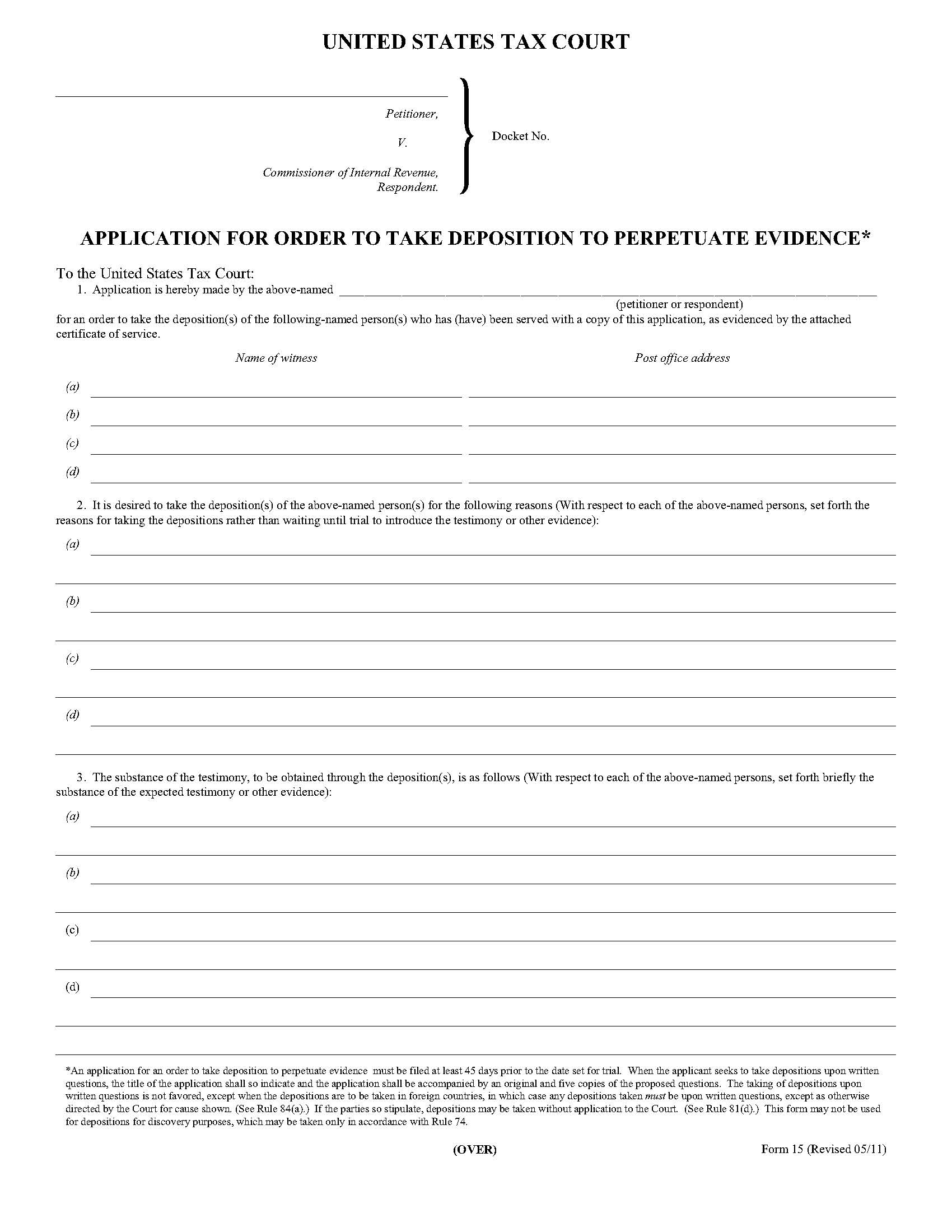 Application For Order To Take Deposition {15} | Pdf Fpdf Doc Docx | Official Federal Forms