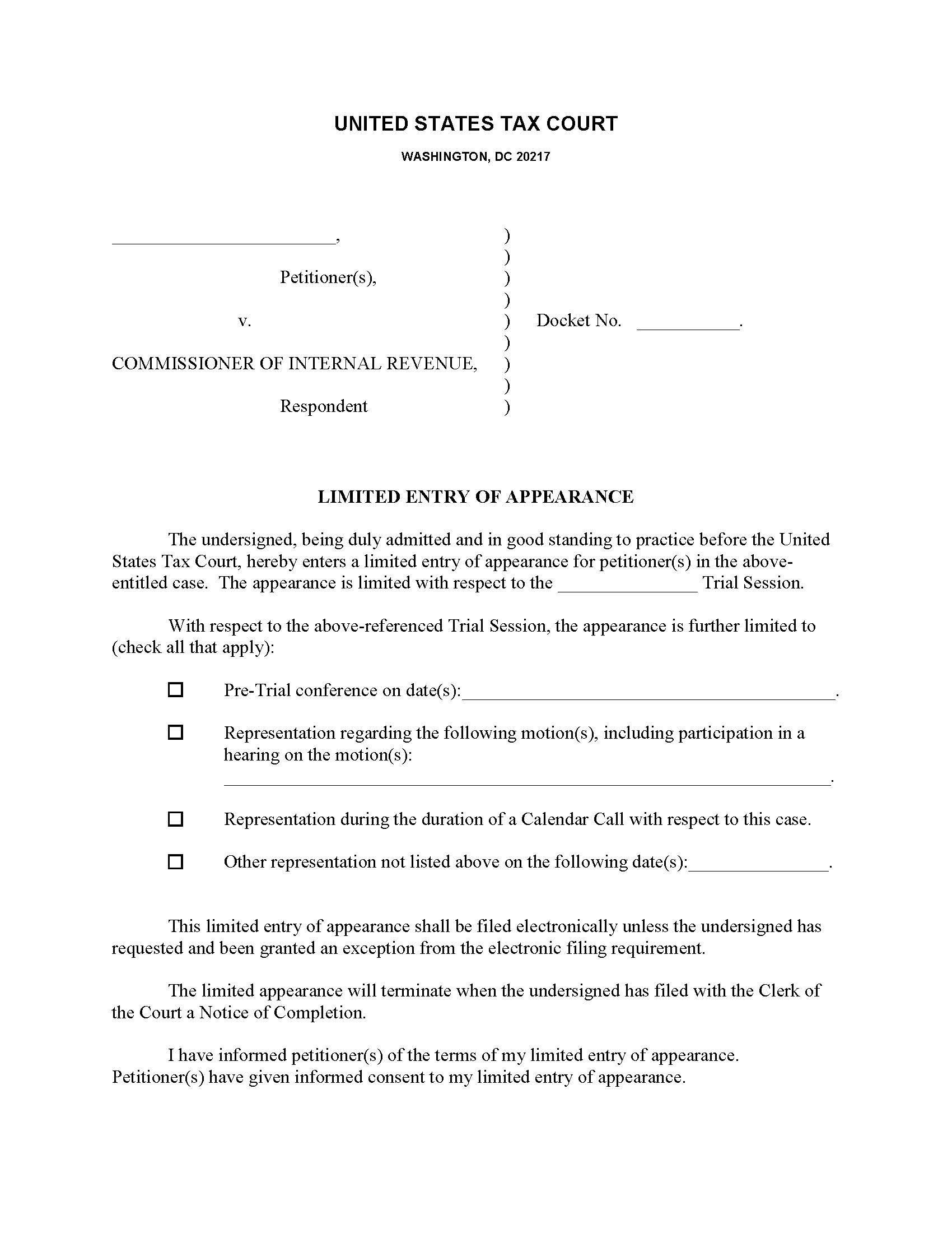 Limited Entry of Appearance | Pdf Fpdf Docx | Official Federal Forms