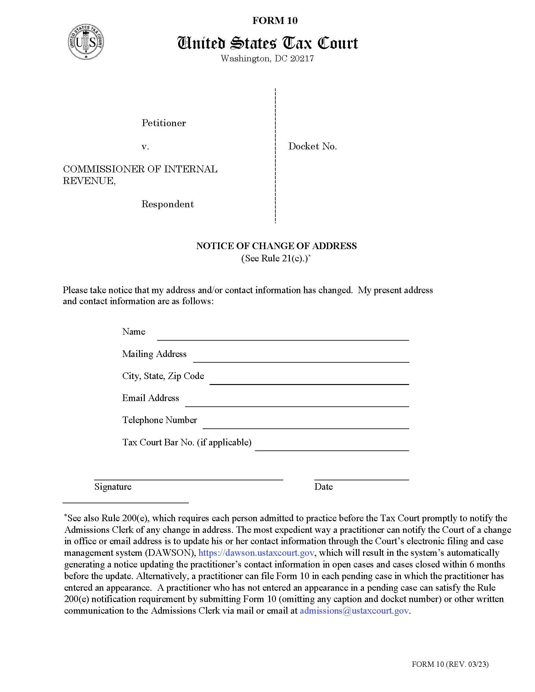 Notice Of Change Of Address For Petitioner(s) {10} | Pdf Fpdf Doc Docx | Official Federal Forms