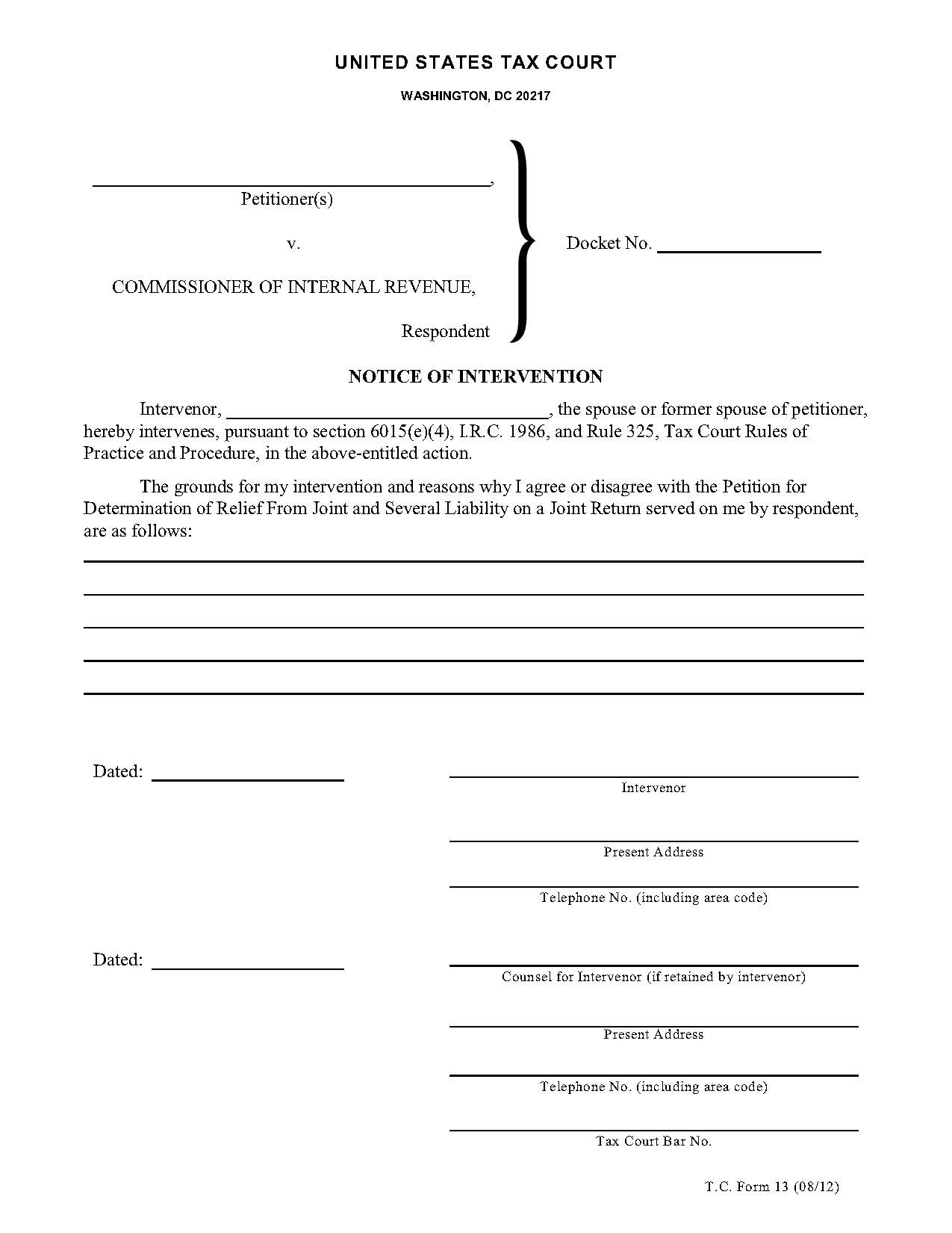Notice Of Intervention {13} | Pdf Fpdf Doc Docx | Official Federal Forms