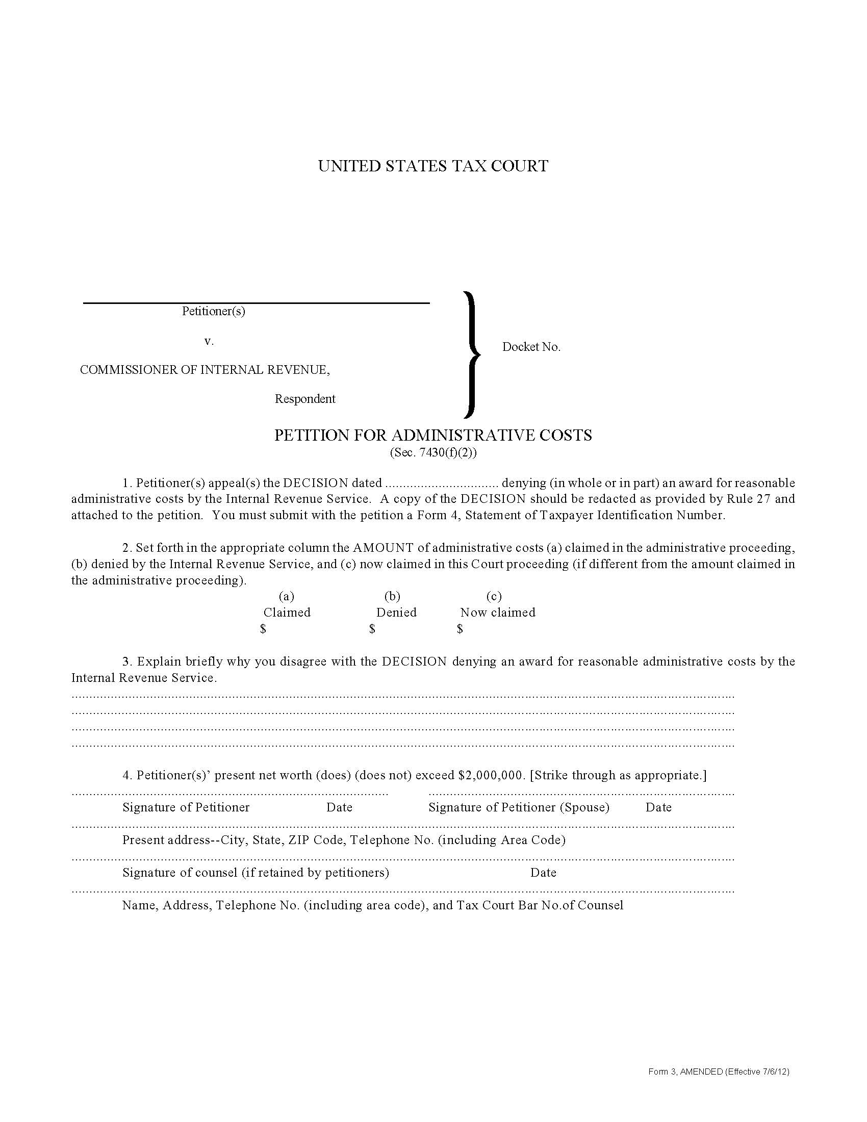 Petition For Administrative Costs {3} | Pdf Fpdf Doc Docx | Official Federal Forms