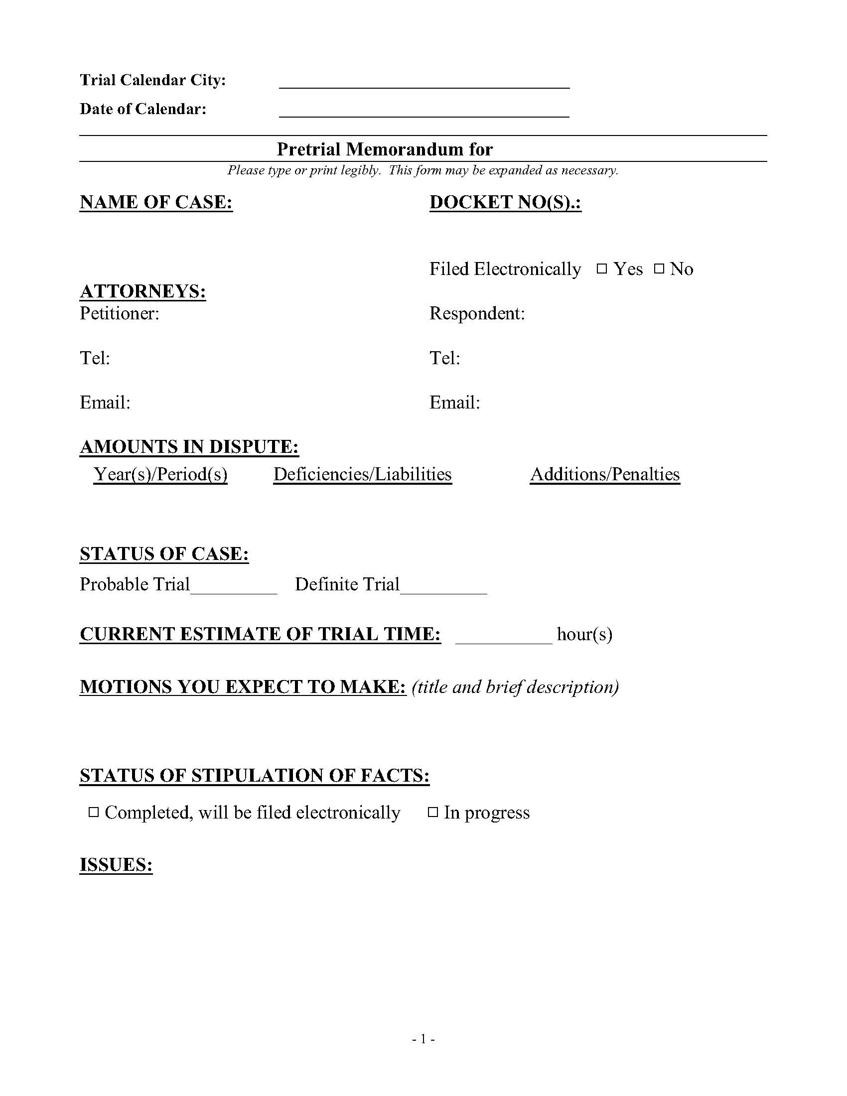 Pretrial Memorandum | Pdf Fpdf Docx | Official Federal Forms