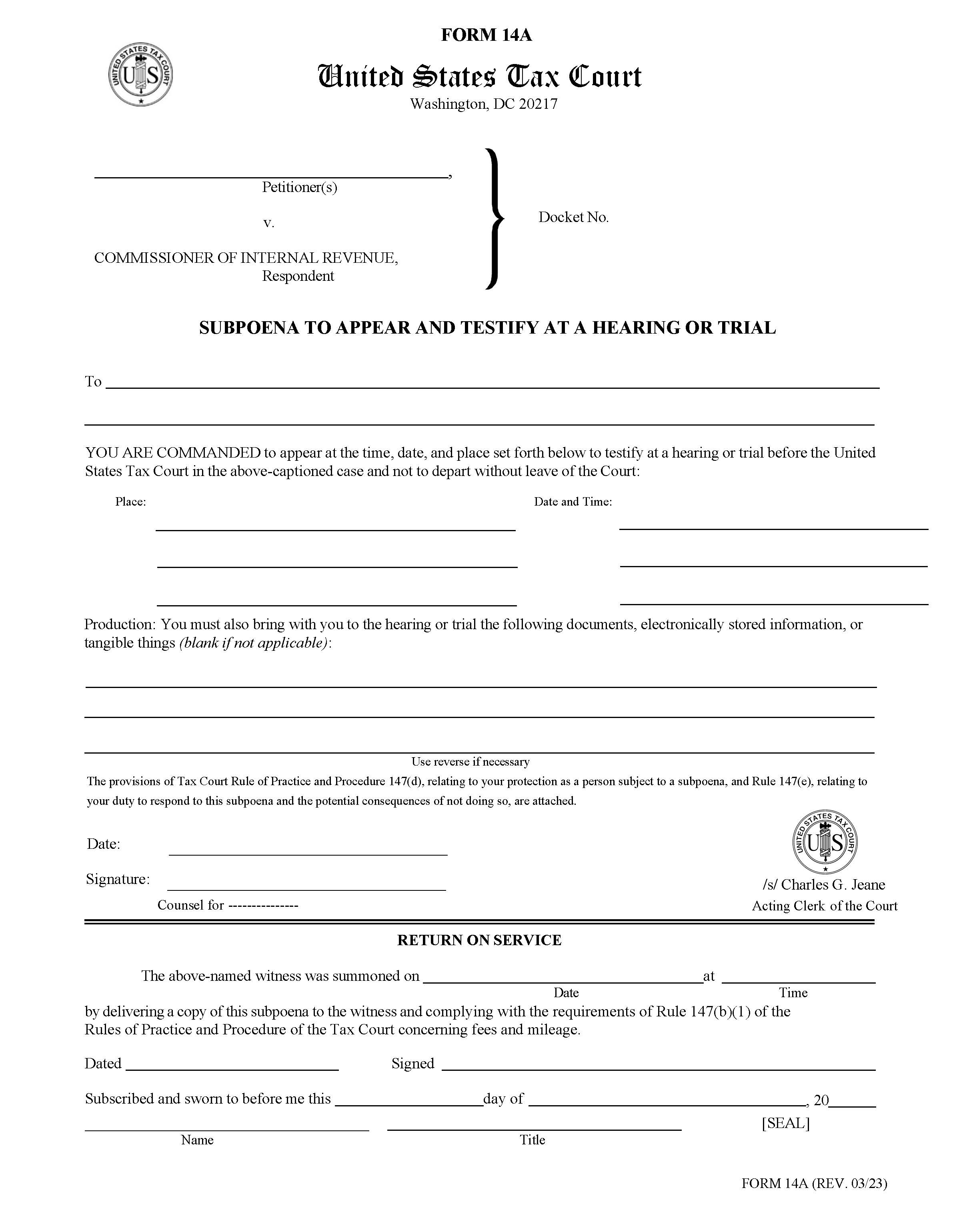 Subpoena To Appear And Testify At Hearing Or Trial {Form 14A} | Pdf Fpdf Doc Docx | Official Federal Forms