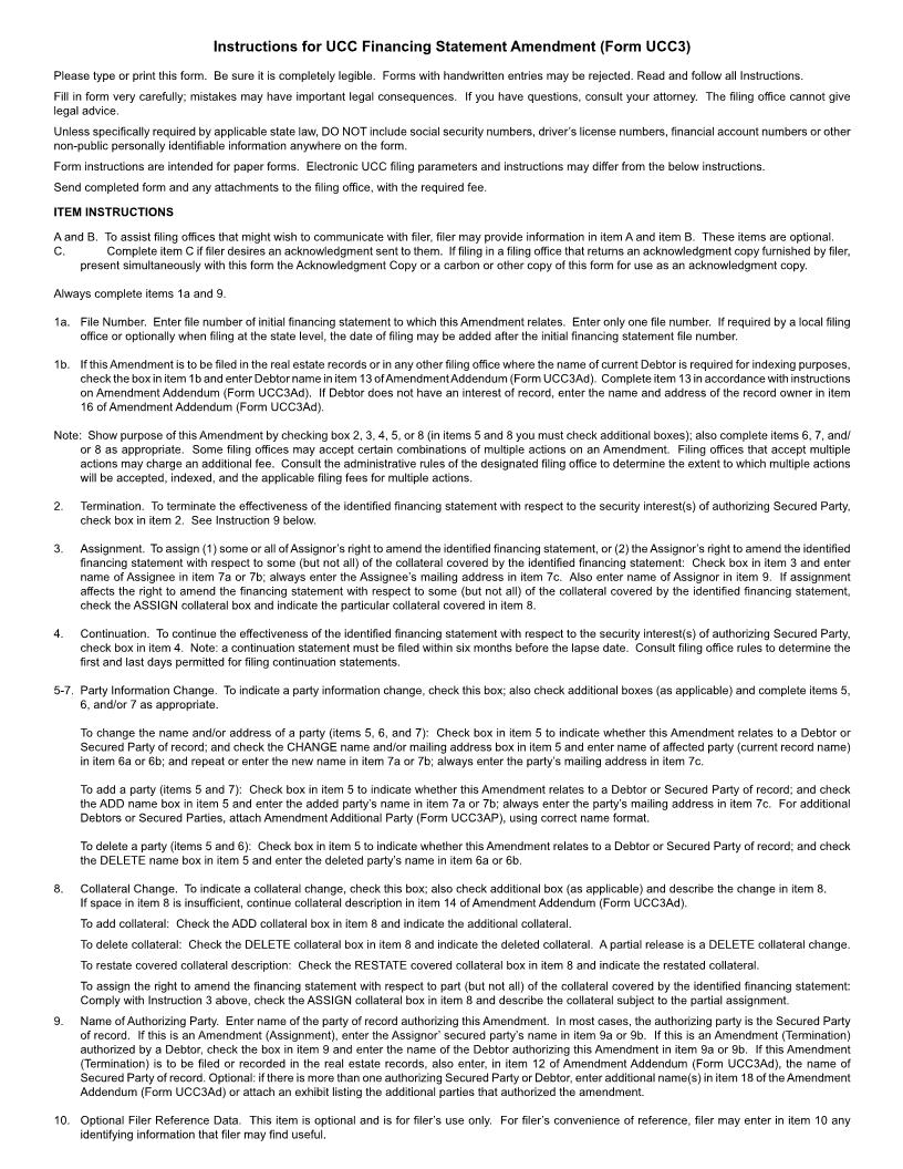 Instructions For UCC Financing Statement Amendment (Form UCC3) {UCC3} | Pdf Fpdf Doc Docx | Official Federal Forms