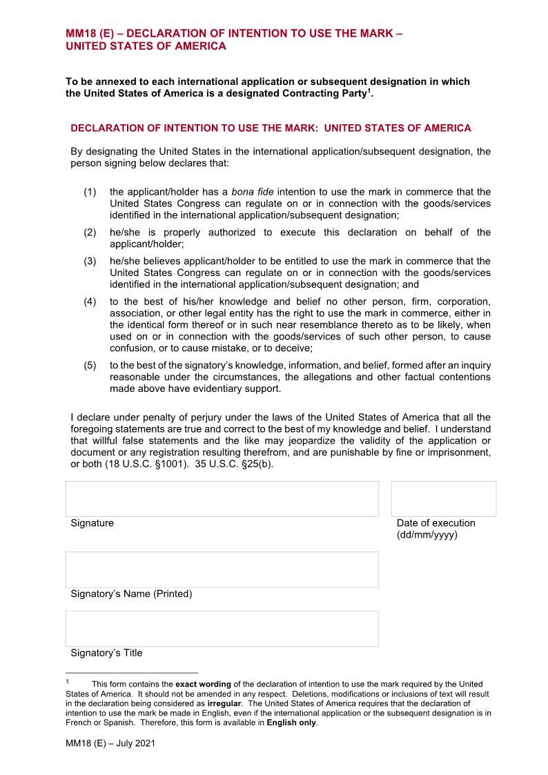 Declaration Of Intention To Use The Mark United States Of American {MM18(E)} | Pdf Fpdf Doc Docx | Official Federal Forms