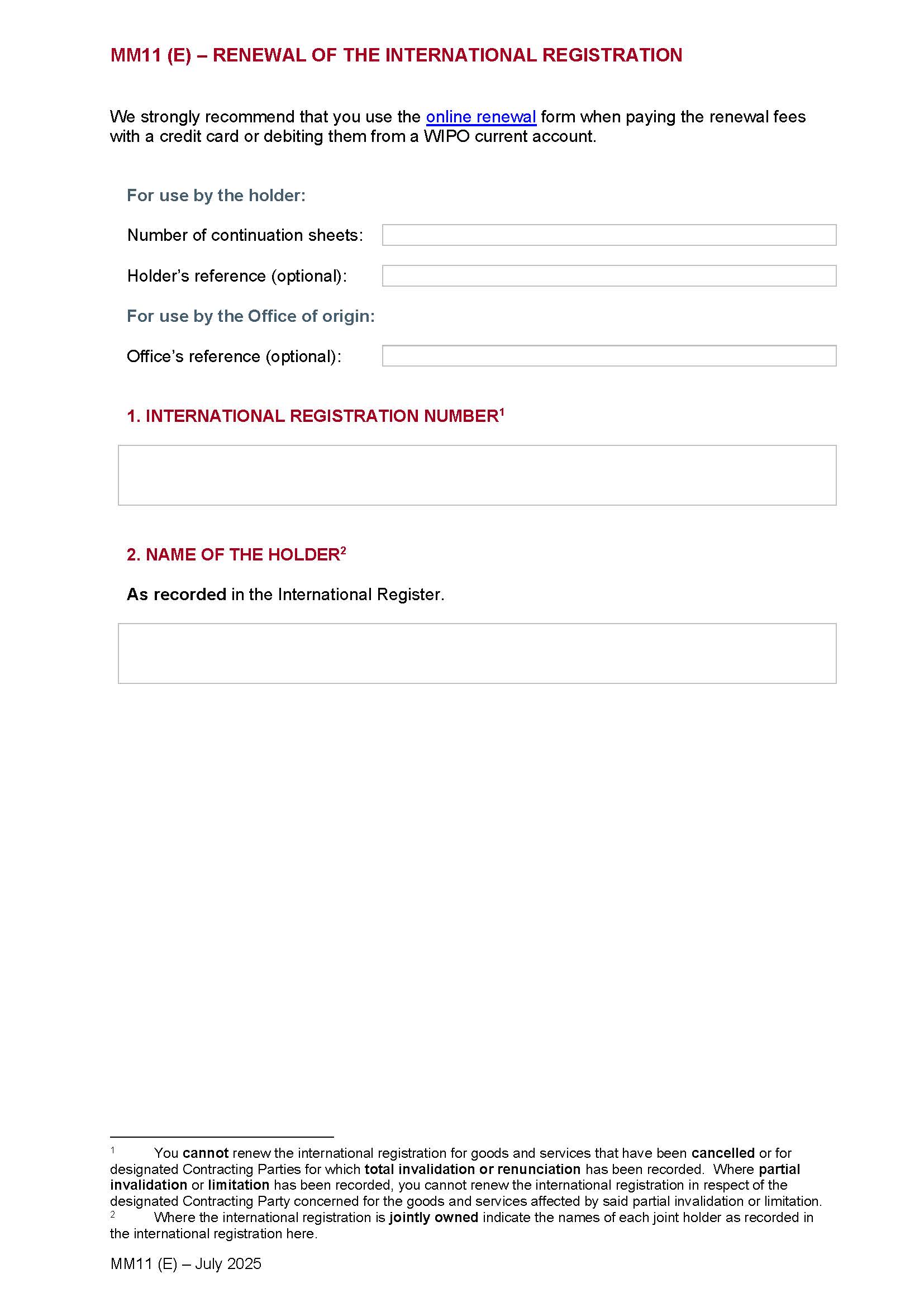Renewal Of The International Registration {MM11(E)} | Pdf Fpdf Docx | Official Federal Forms