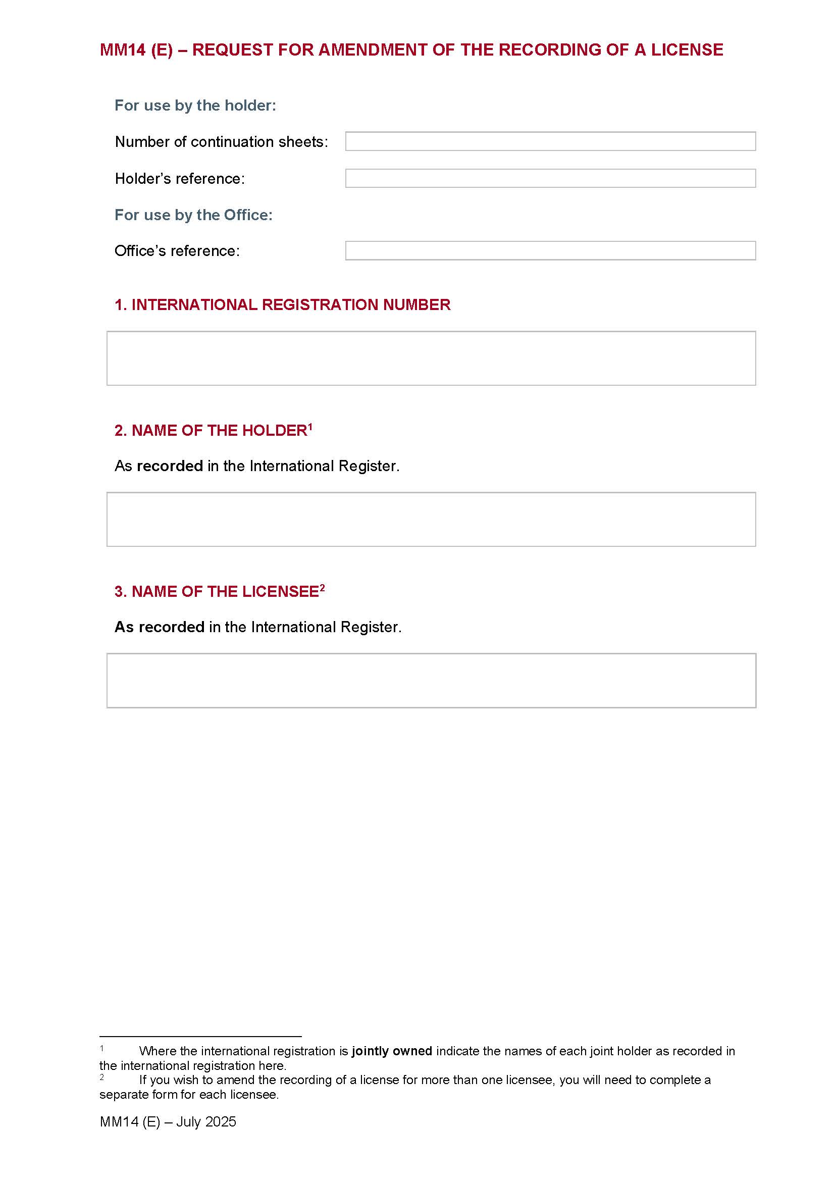 Request For Amendment For The Recording Of A License {MM14(E)} | Pdf Fpdf Doc Docx | Official Federal Forms