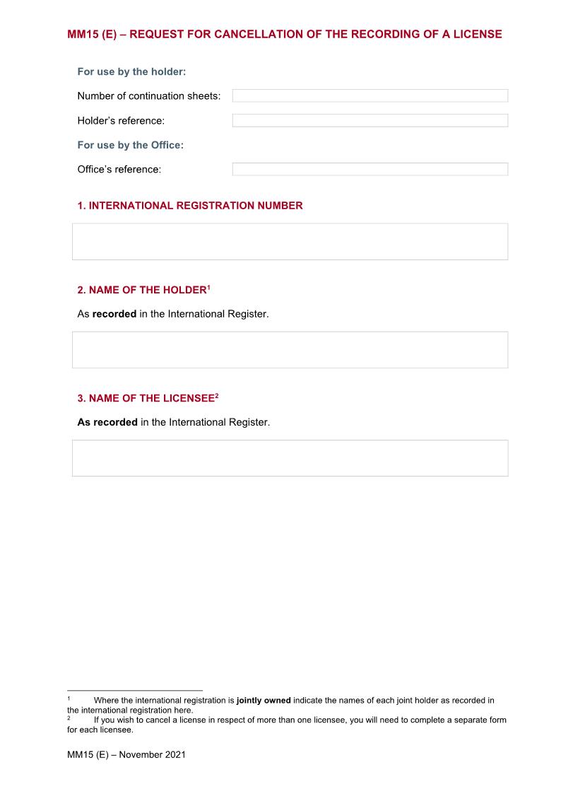 Request For Cancellation Of The Recording Of A License {MM15(E)} | Pdf Fpdf Doc Docx | Official Federal Forms