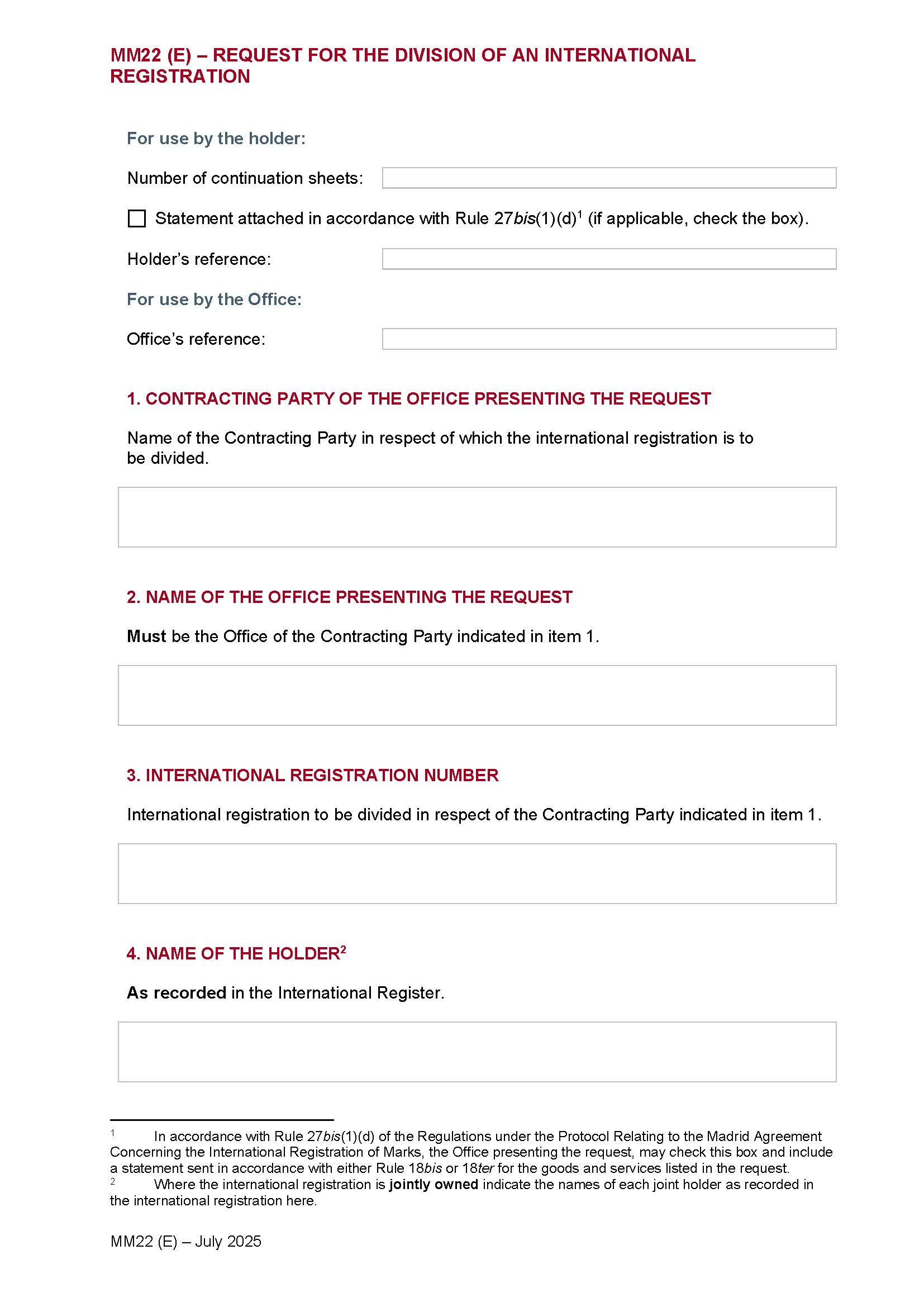Request For The Division Of An International Registration {MM22} | Pdf Fpdf Docx | Official Federal Forms