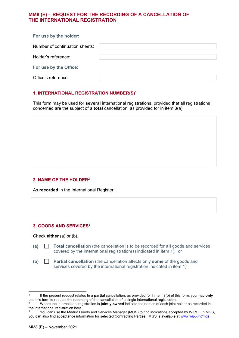 Request For The Recording Of A Cancellation Of The International Registration {MM8(E)} | Pdf Fpdf Doc Docx | Official Federal Forms